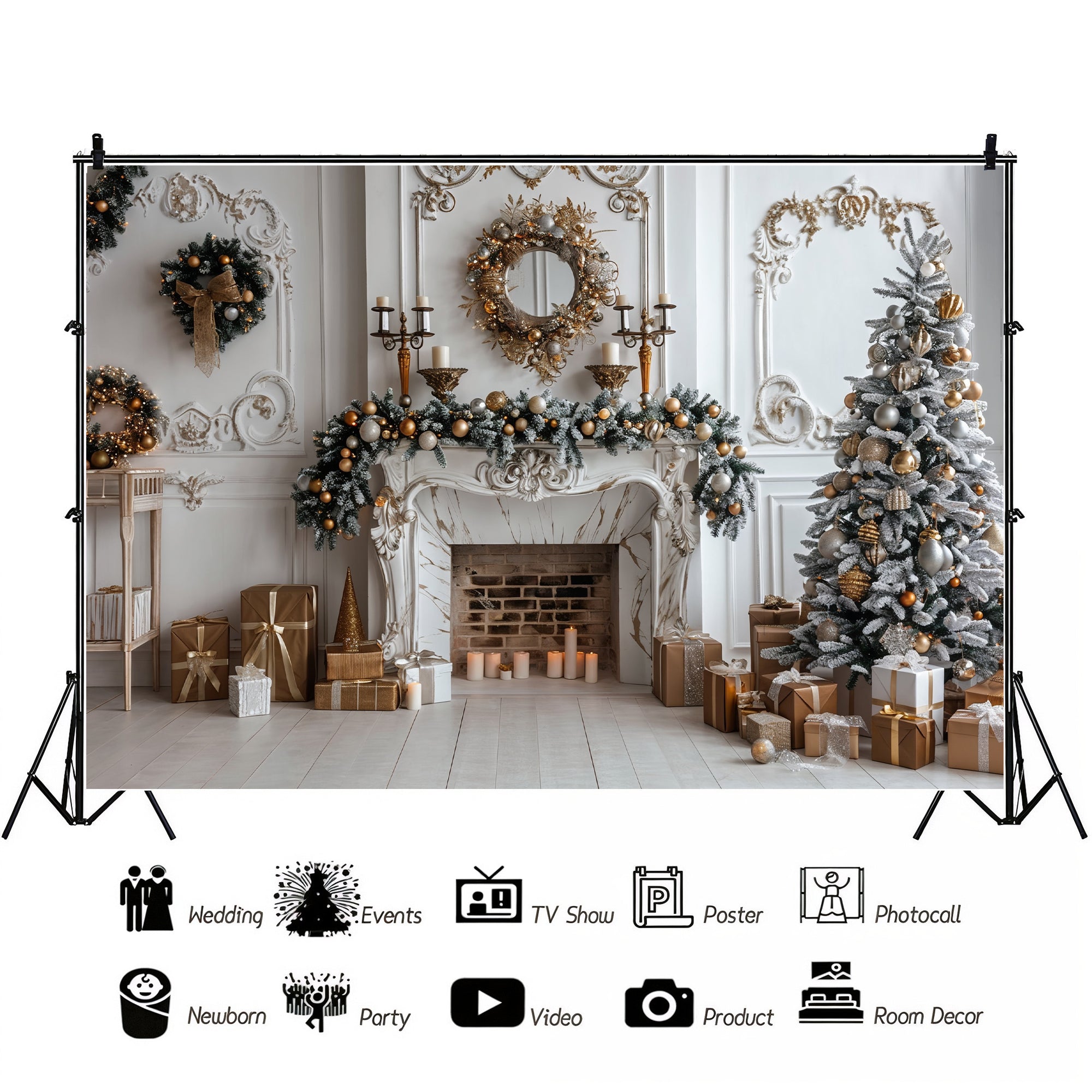 Elegant Christmas Fireplace & Gold Accents Backdrop