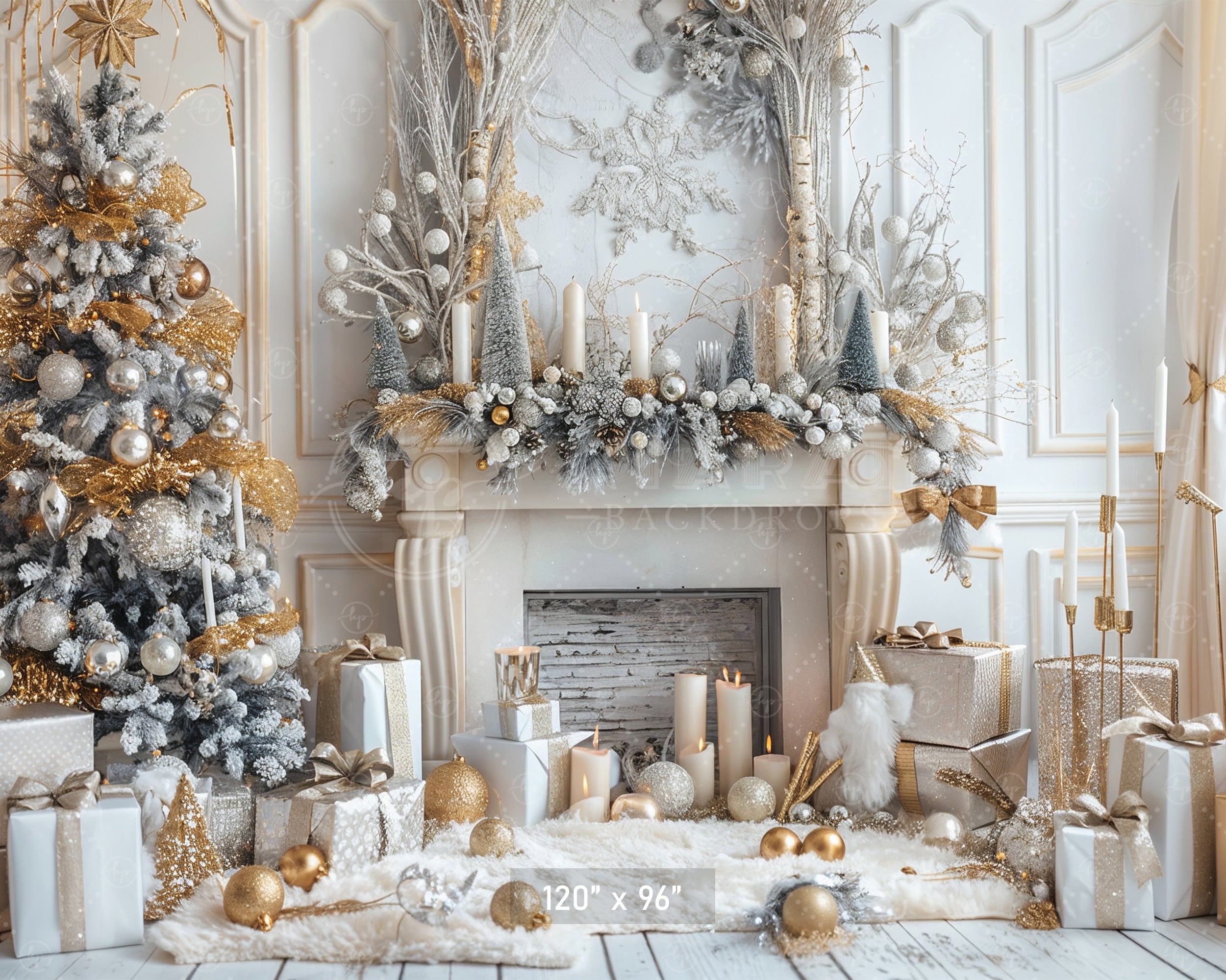 Elegant Gold and White Christmas with Fireplace Backdrop