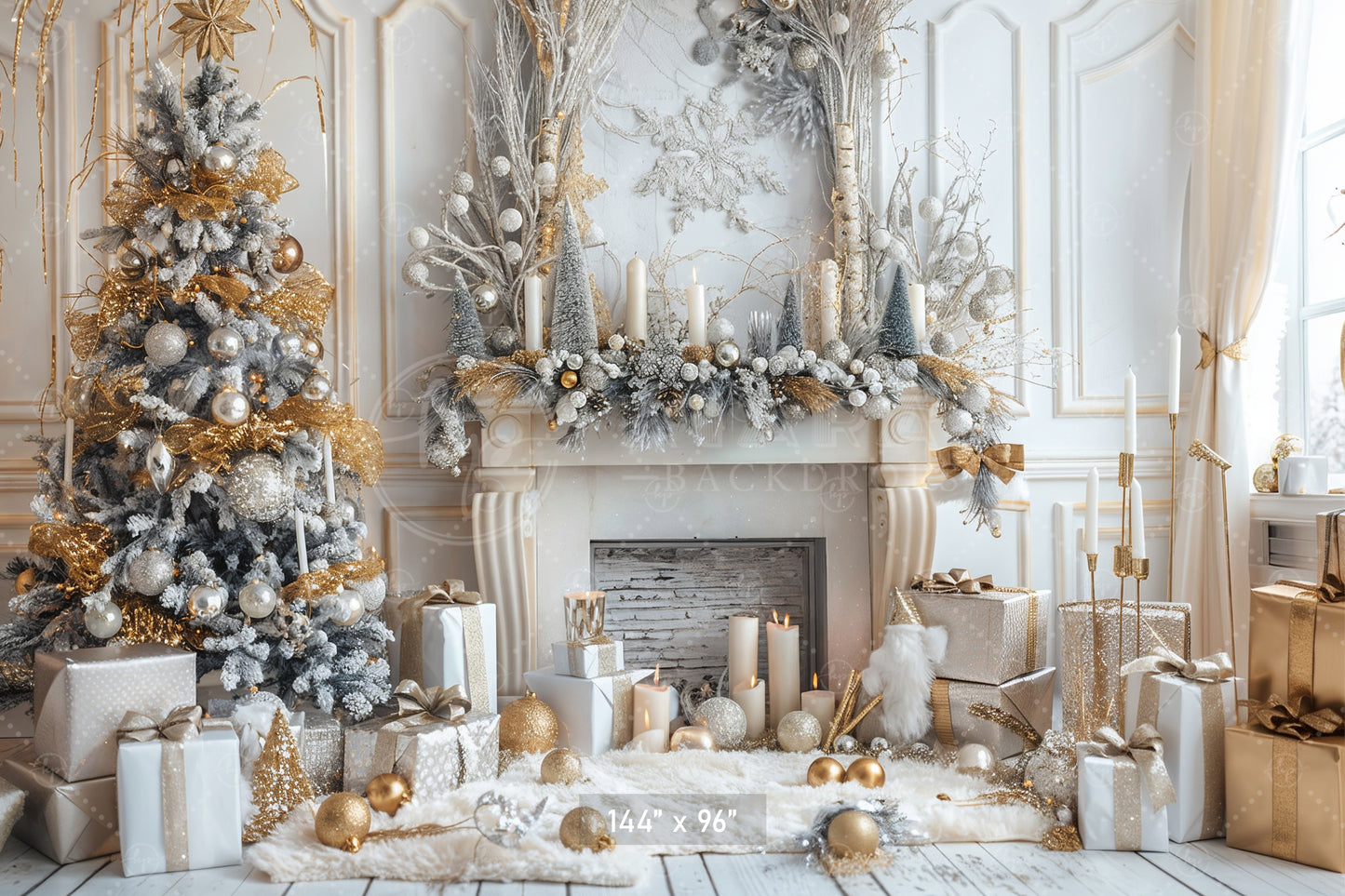 Elegant Gold and White Christmas with Fireplace Backdrop