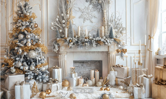 Elegant Gold and White Christmas with Fireplace Backdrop