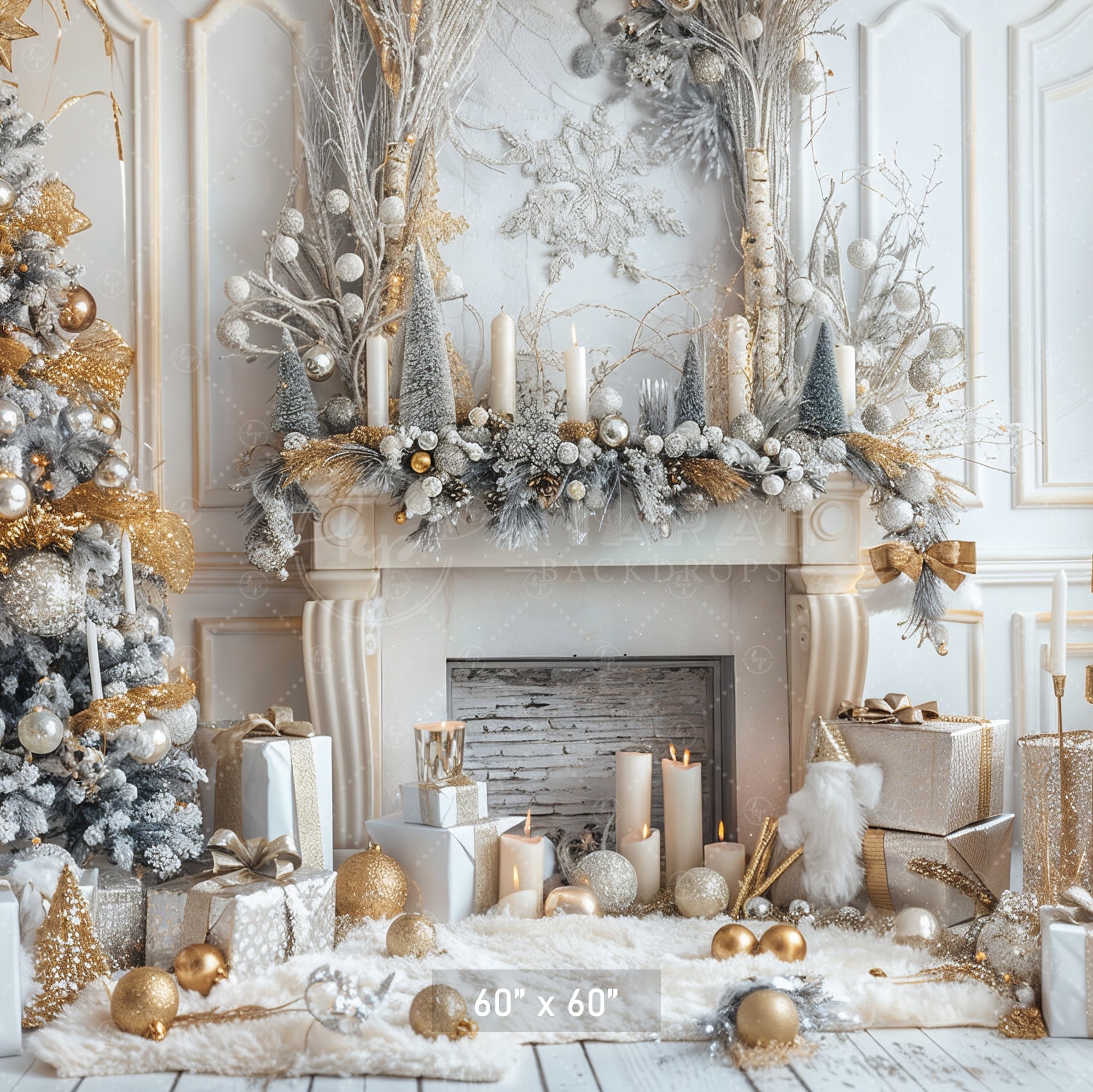 Elegant Gold and White Christmas with Fireplace Backdrop