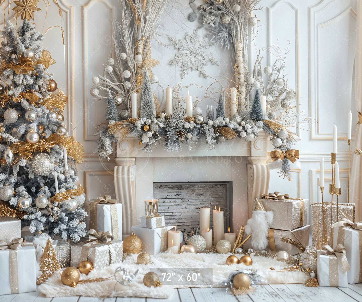 Elegant Gold and White Christmas with Fireplace Backdrop