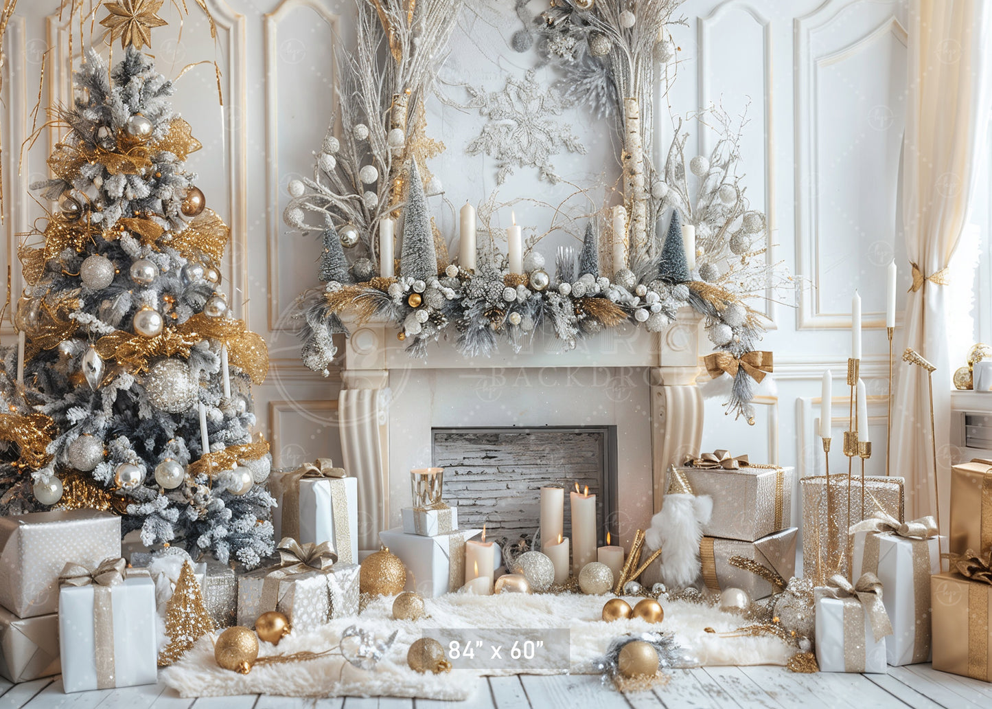 Elegant Gold and White Christmas with Fireplace Backdrop