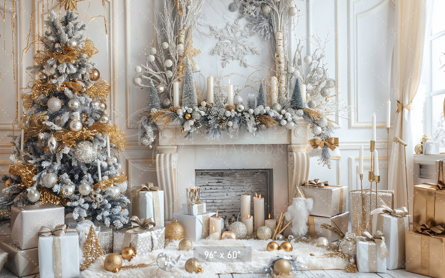 Elegant Gold and White Christmas with Fireplace Backdrop