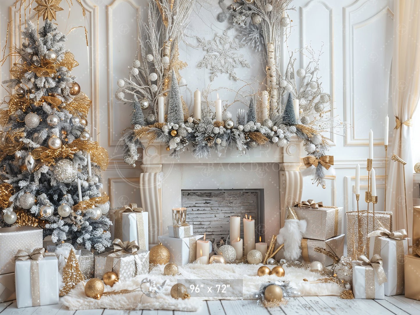 Elegant Gold and White Christmas with Fireplace Backdrop