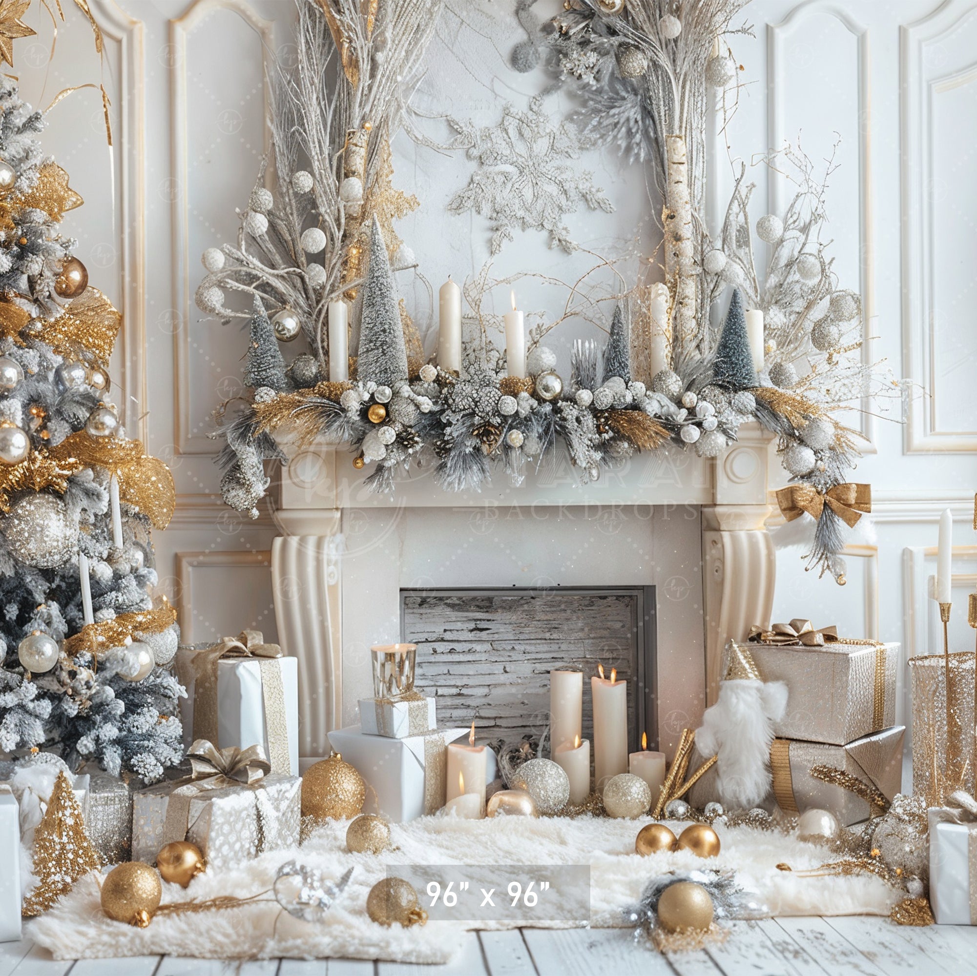 Elegant Gold and White Christmas with Fireplace Backdrop