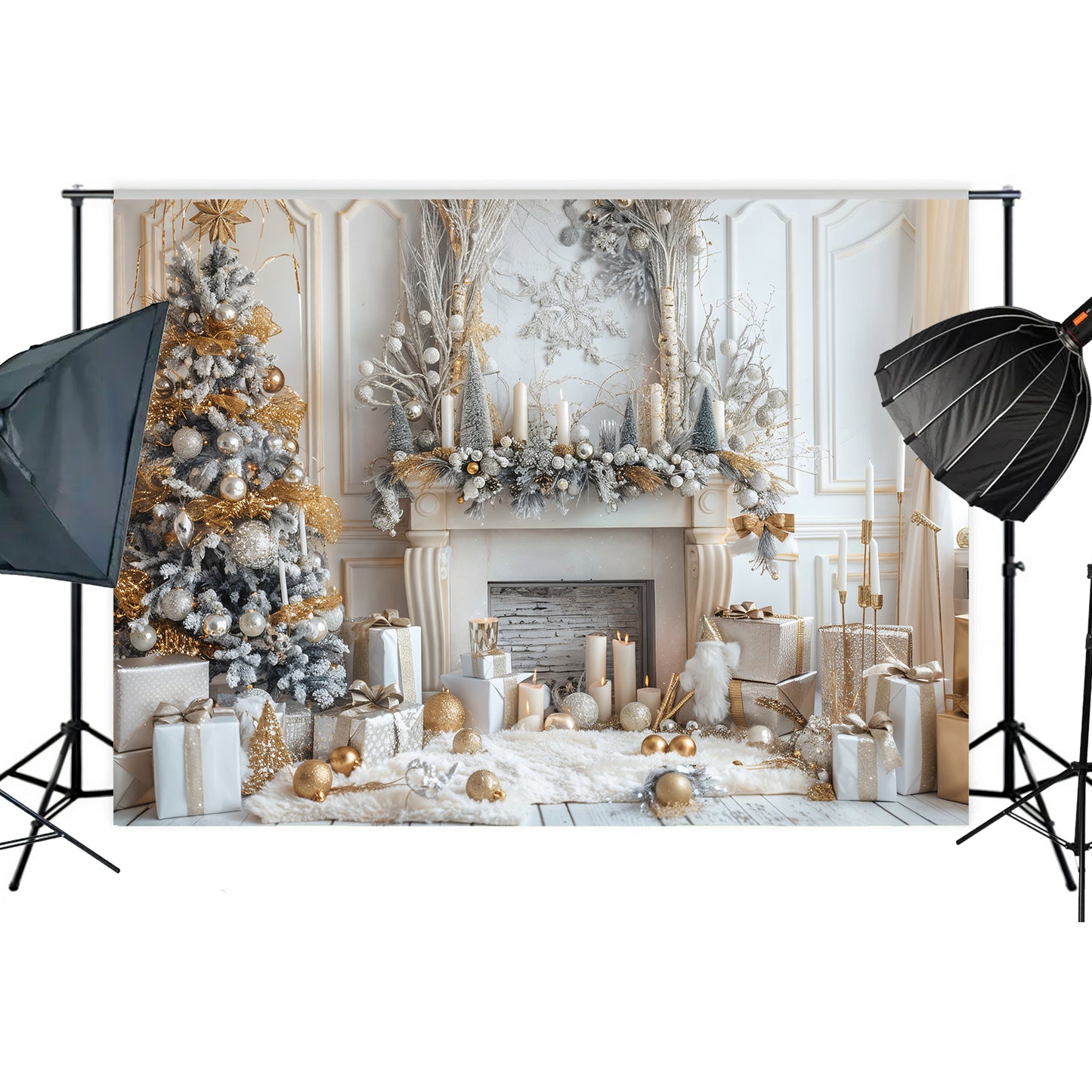 Elegant Gold and White Christmas with Fireplace Backdrop