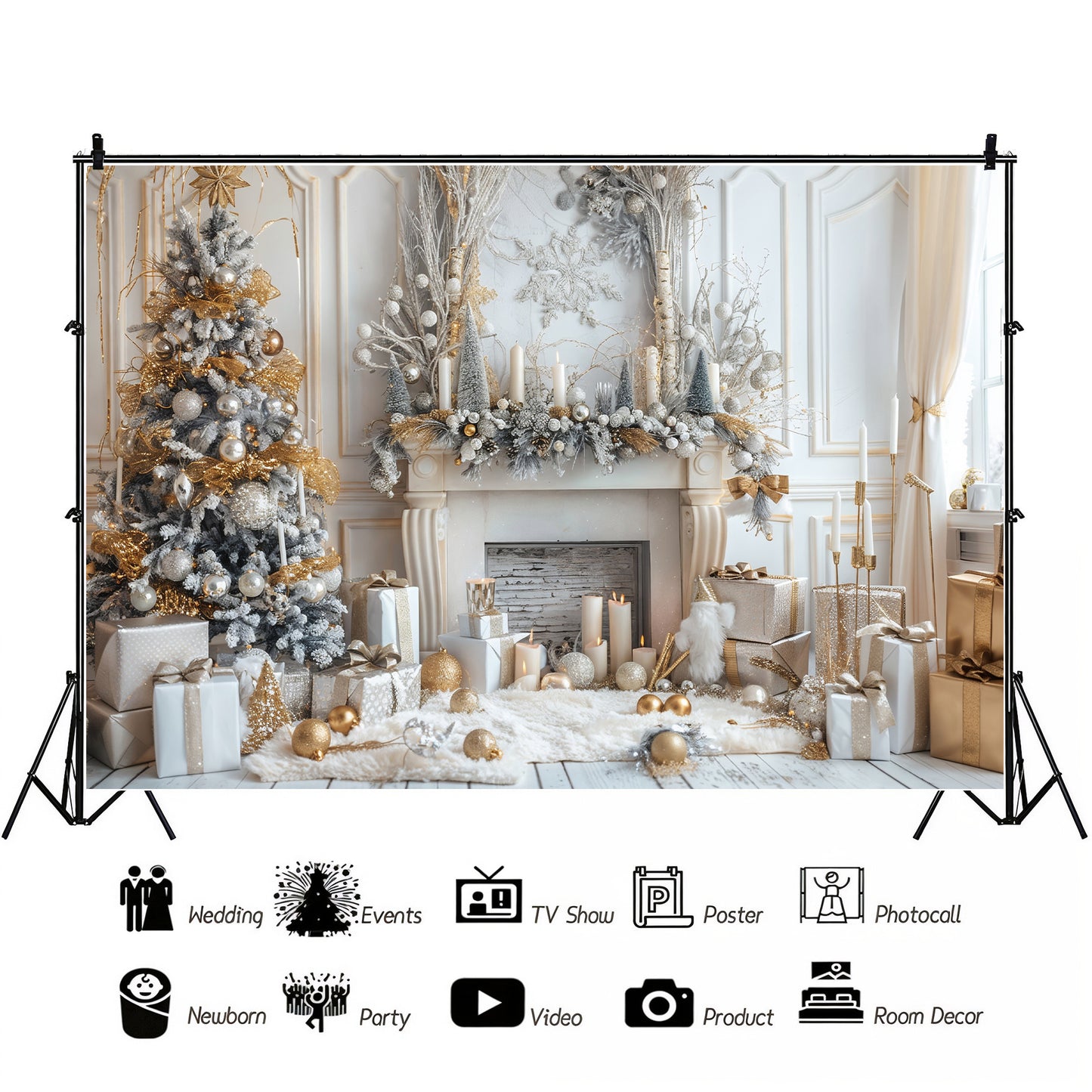 Elegant Gold and White Christmas with Fireplace Backdrop