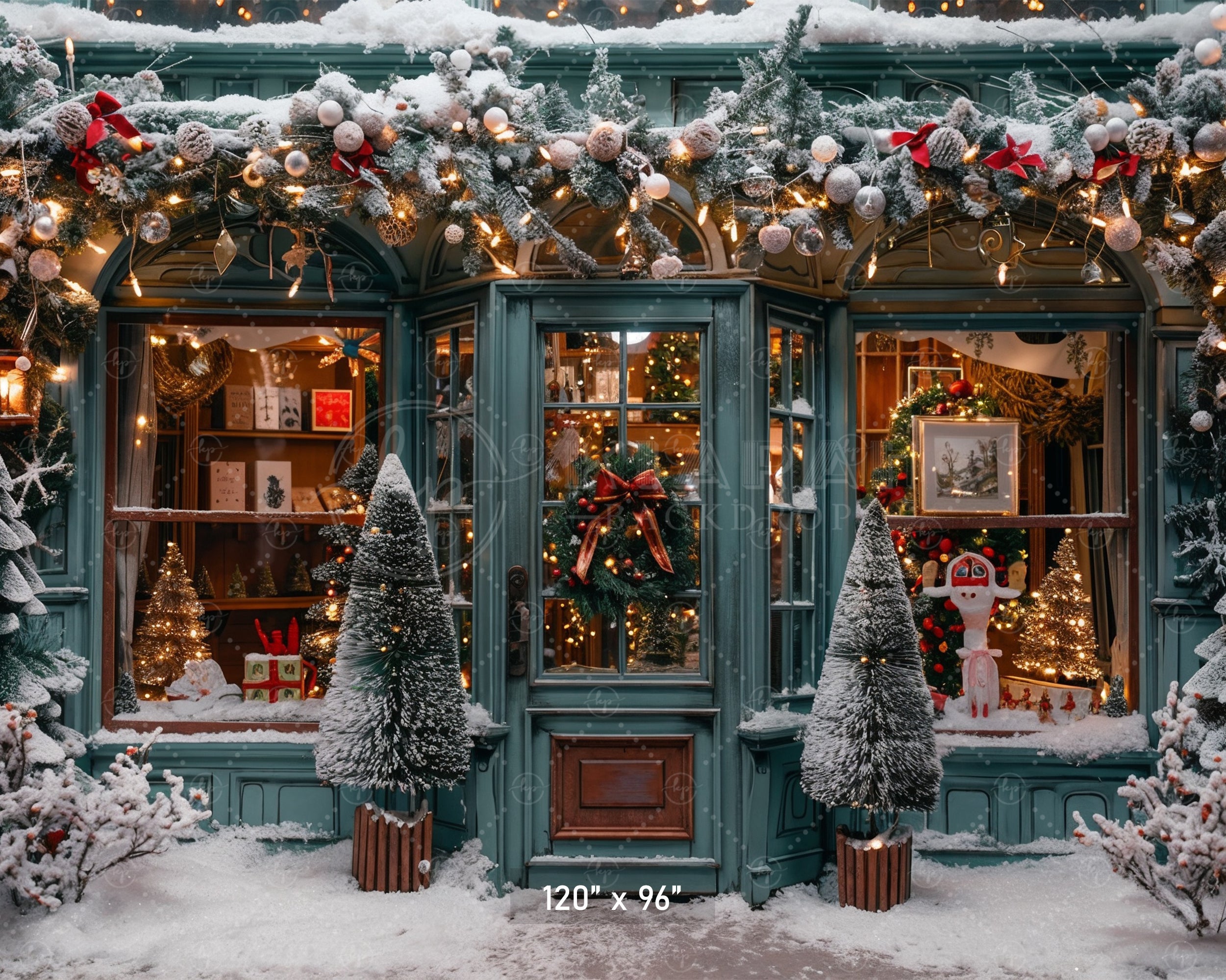 Charming Snowy Christmas Shopfront Backdrop