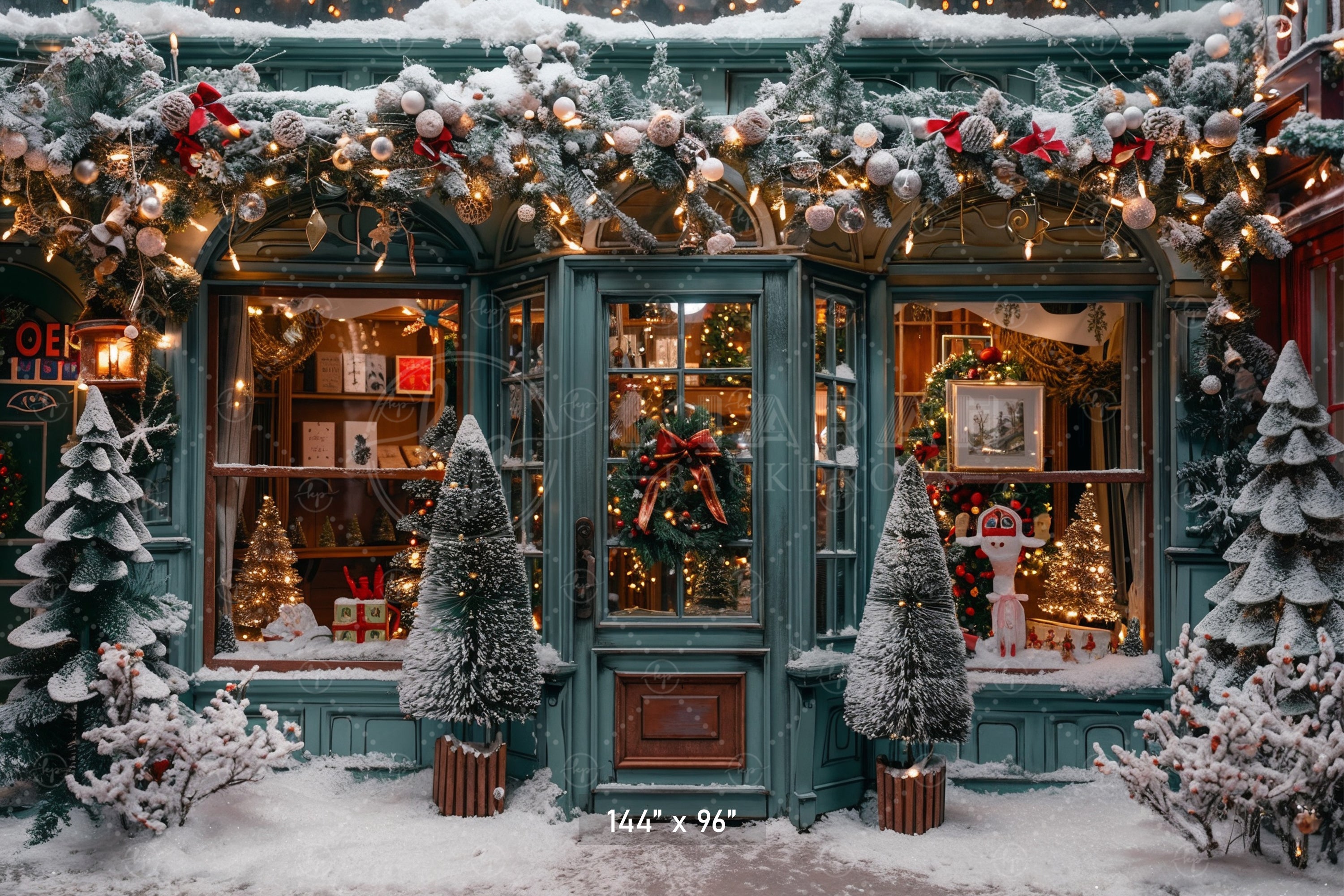 Charming Snowy Christmas Shopfront Backdrop