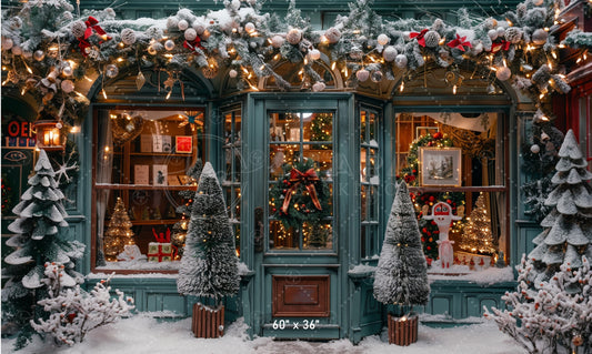 Charming Snowy Christmas Shopfront Backdrop