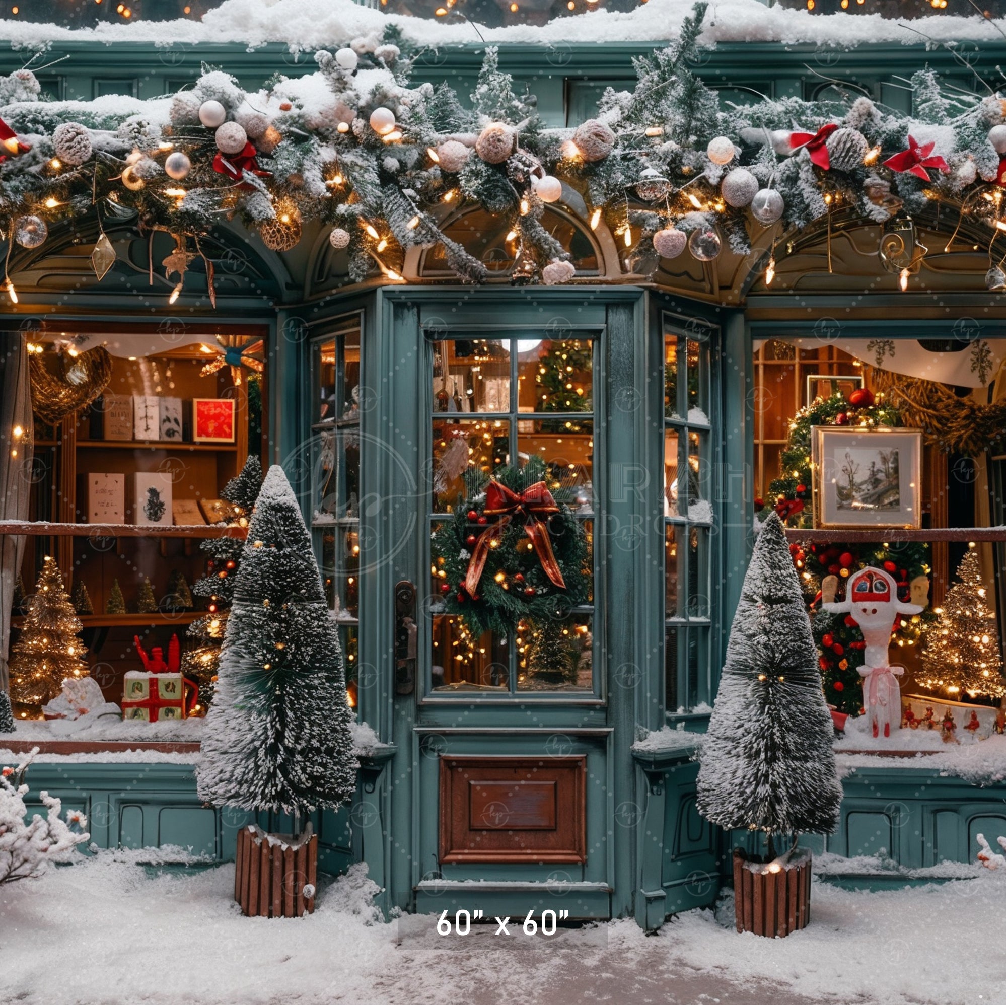 Charming Snowy Christmas Shopfront Backdrop