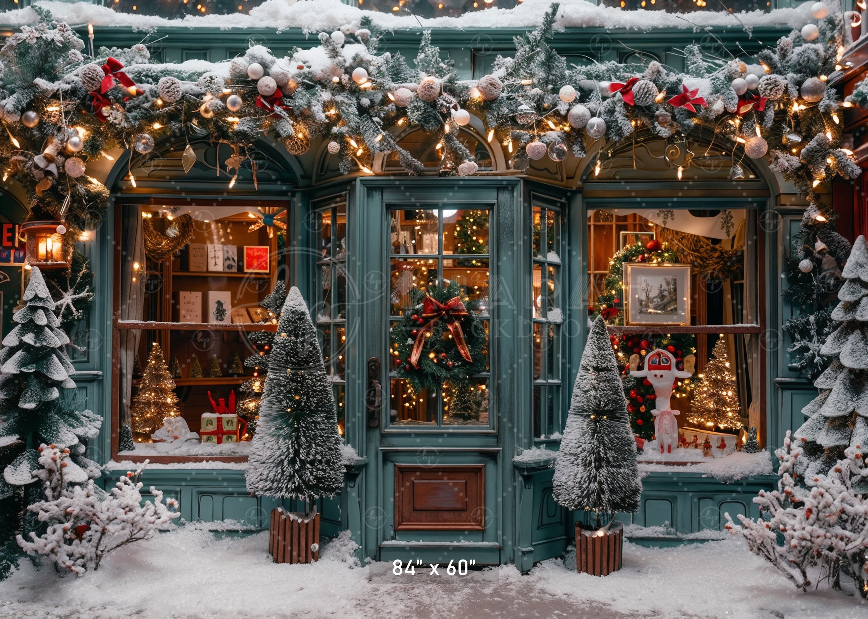 Charming Snowy Christmas Shopfront Backdrop