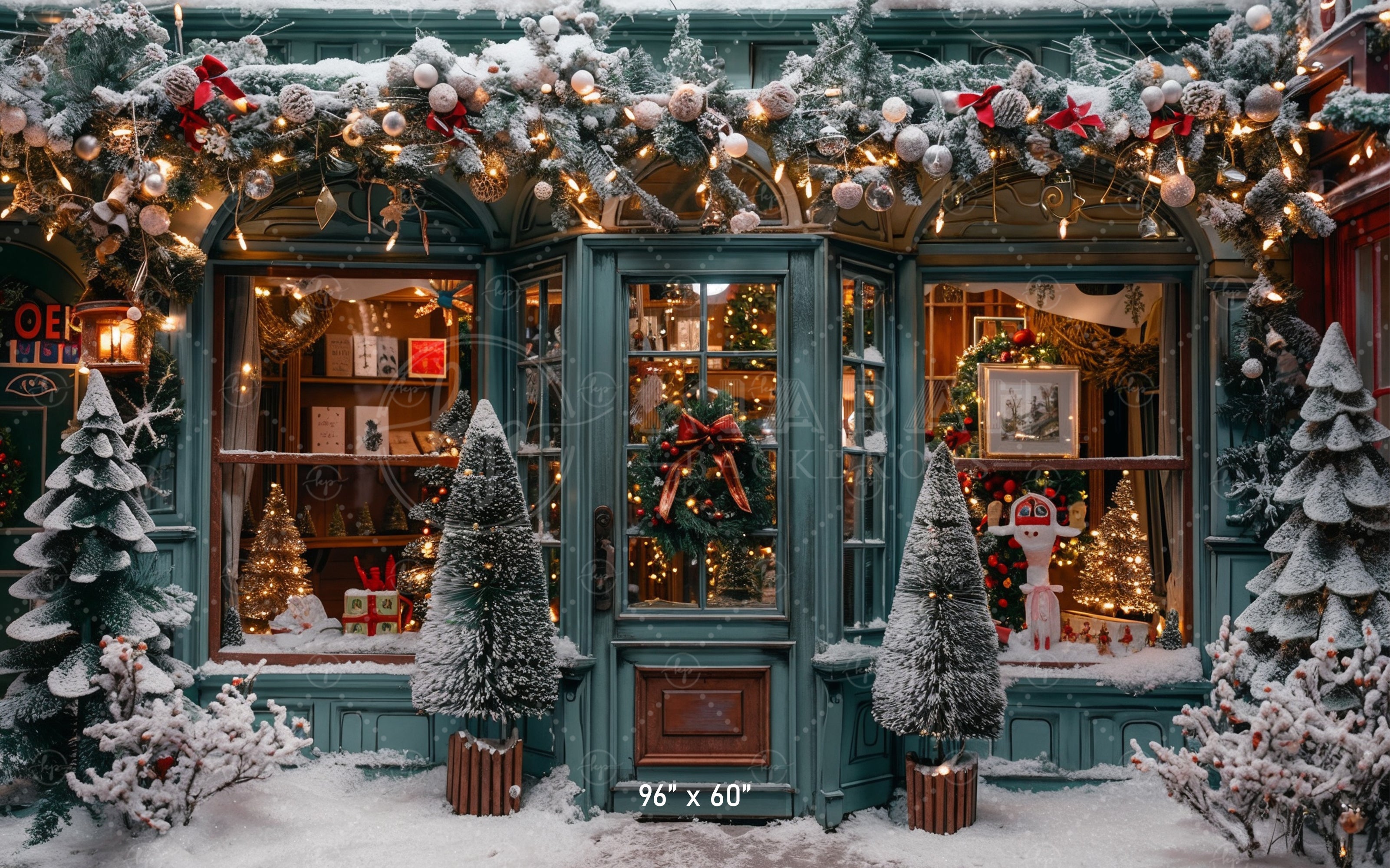 Charming Snowy Christmas Shopfront Backdrop