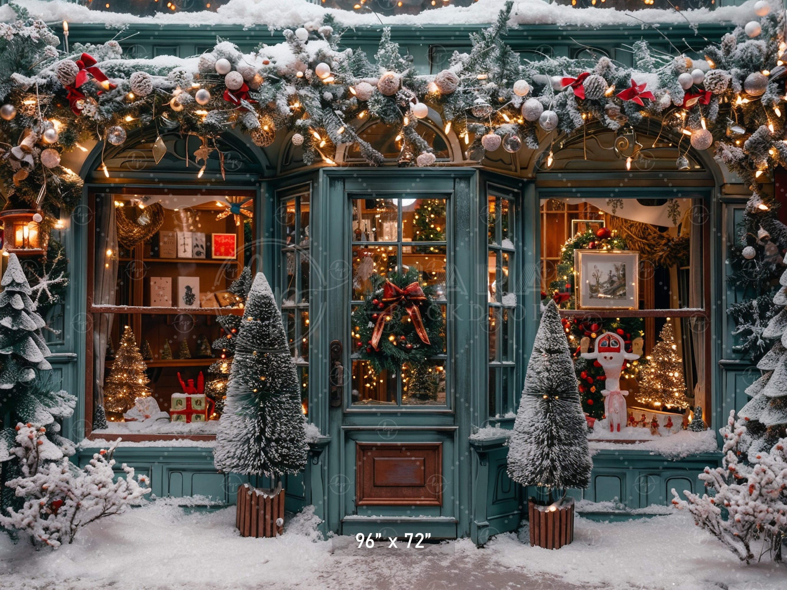 Charming Snowy Christmas Shopfront Backdrop