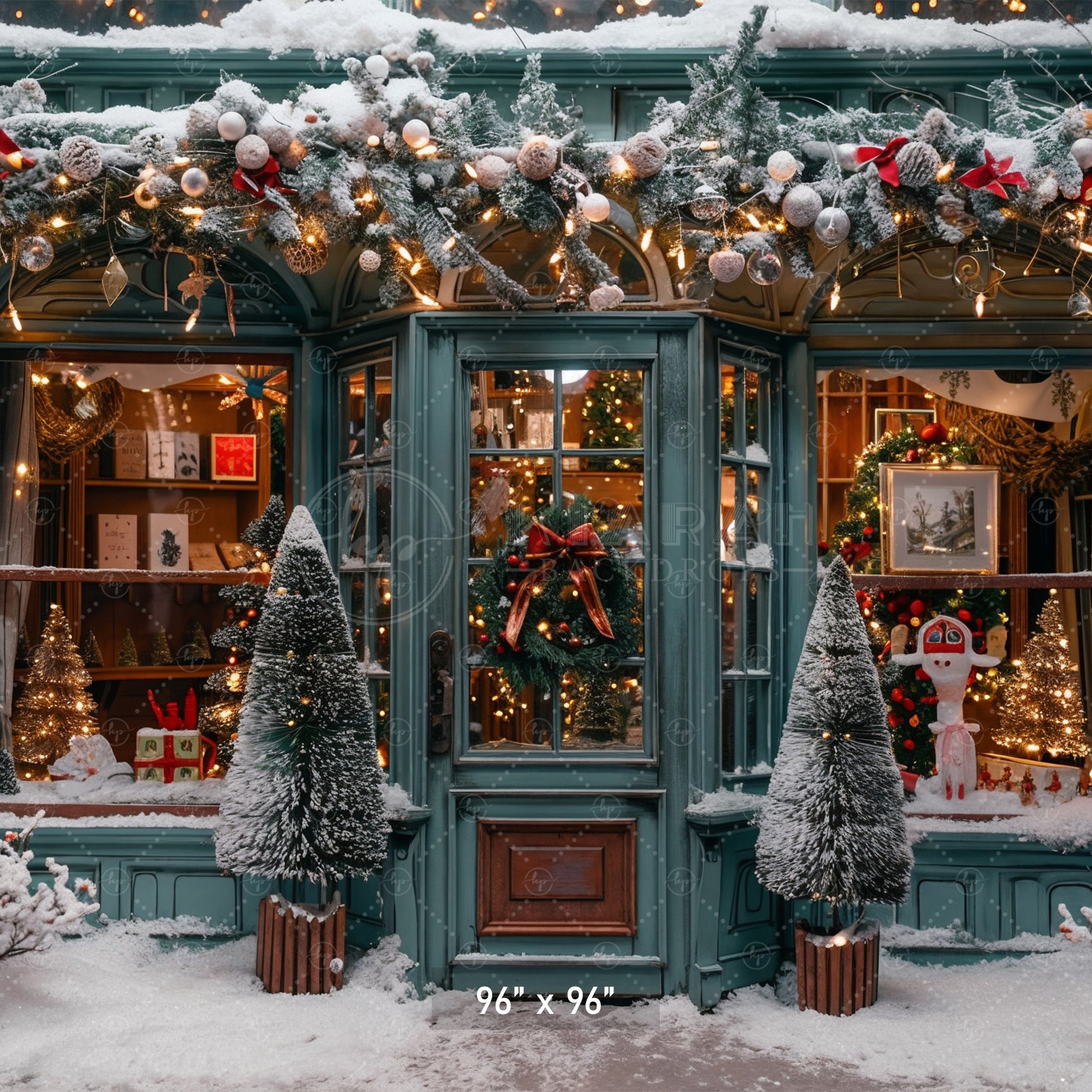 Charming Snowy Christmas Shopfront Backdrop