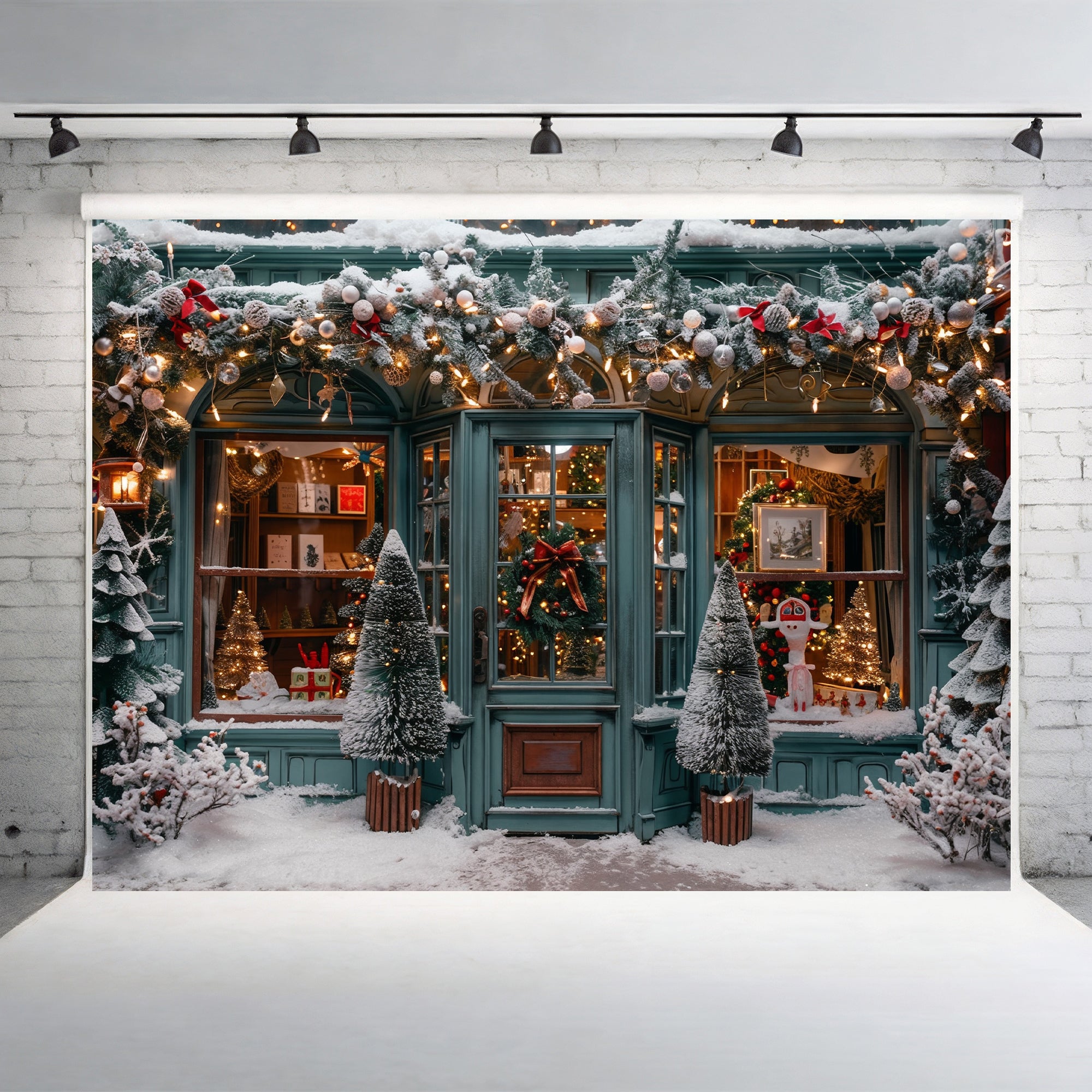 Charming Snowy Christmas Shopfront Backdrop