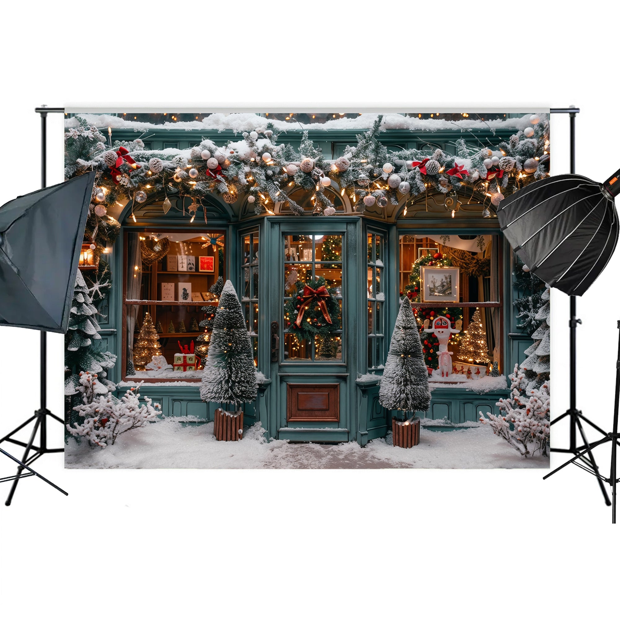 Charming Snowy Christmas Shopfront Backdrop