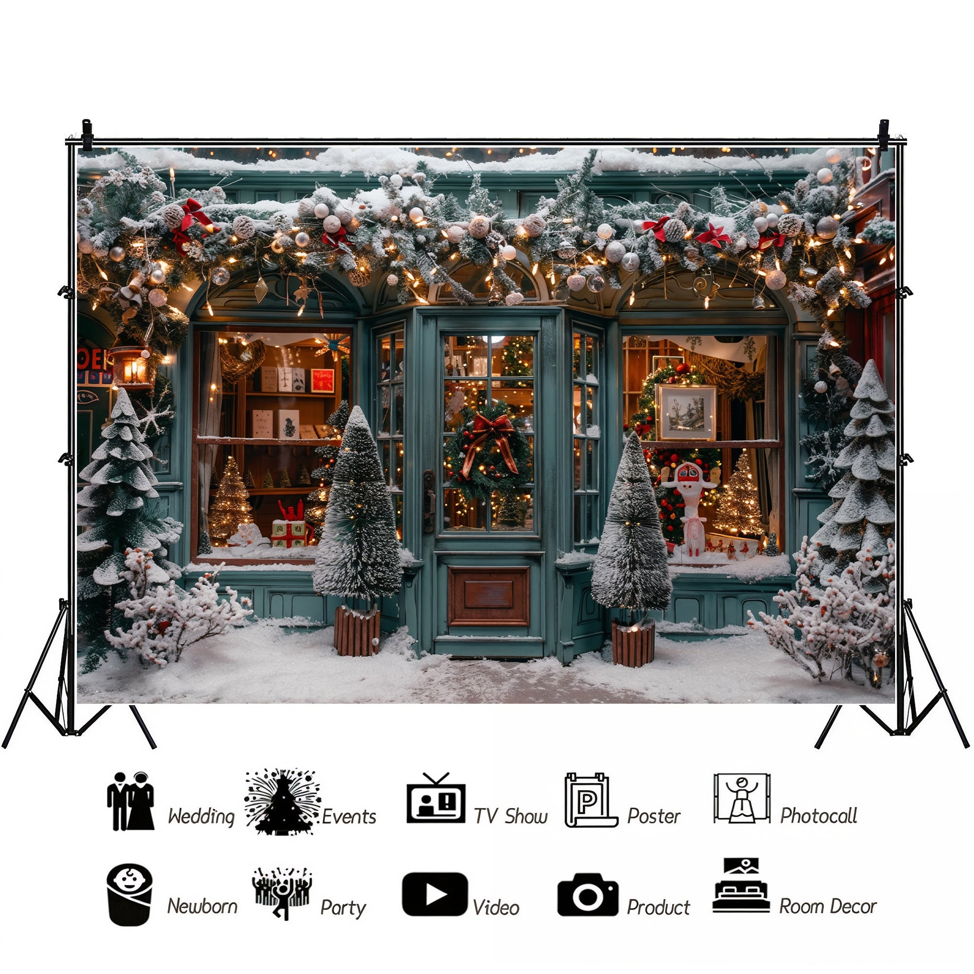 Charming Snowy Christmas Shopfront Backdrop