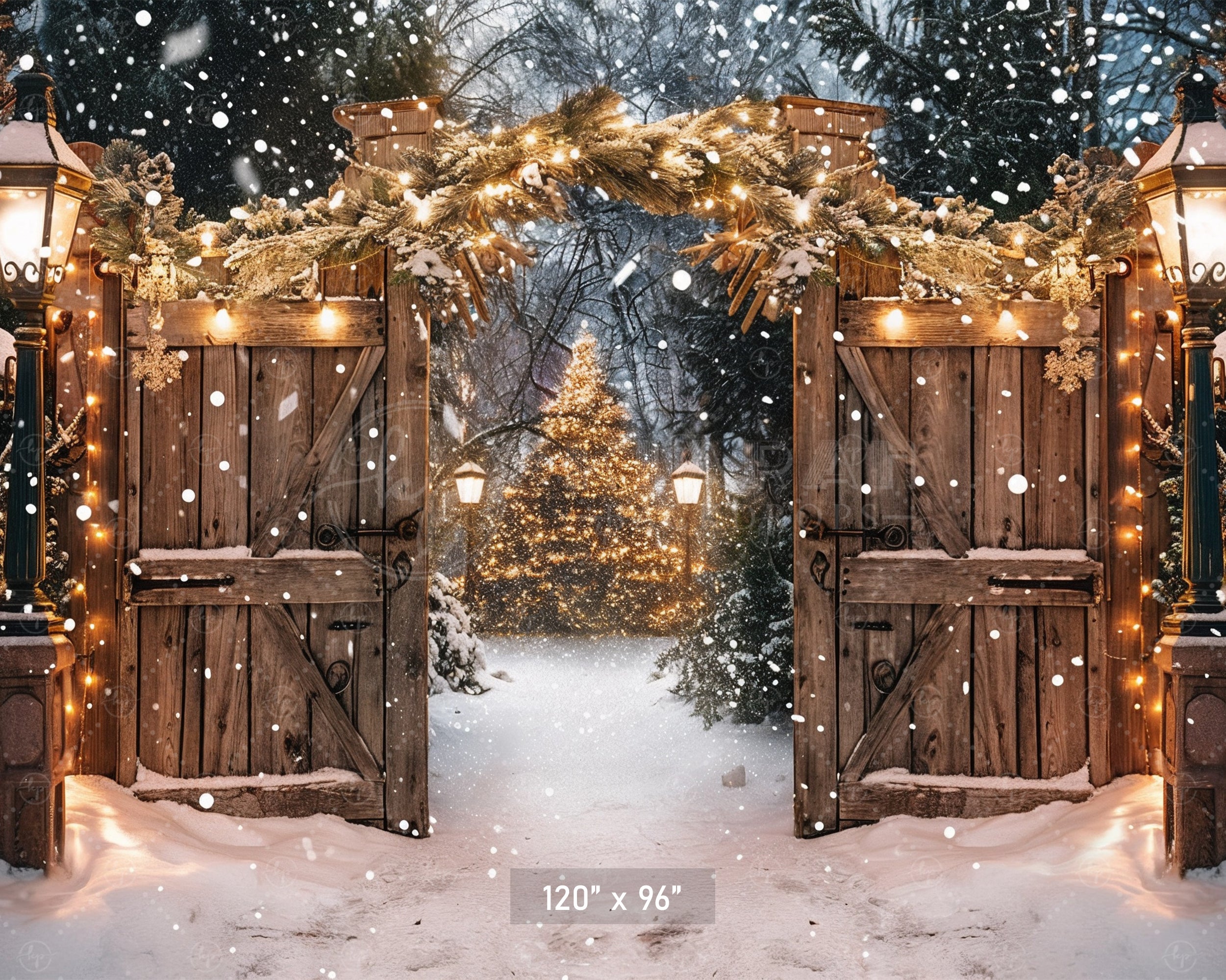 Twinkling Lights Enchanted Snowy Christmas Gate Backdrop
