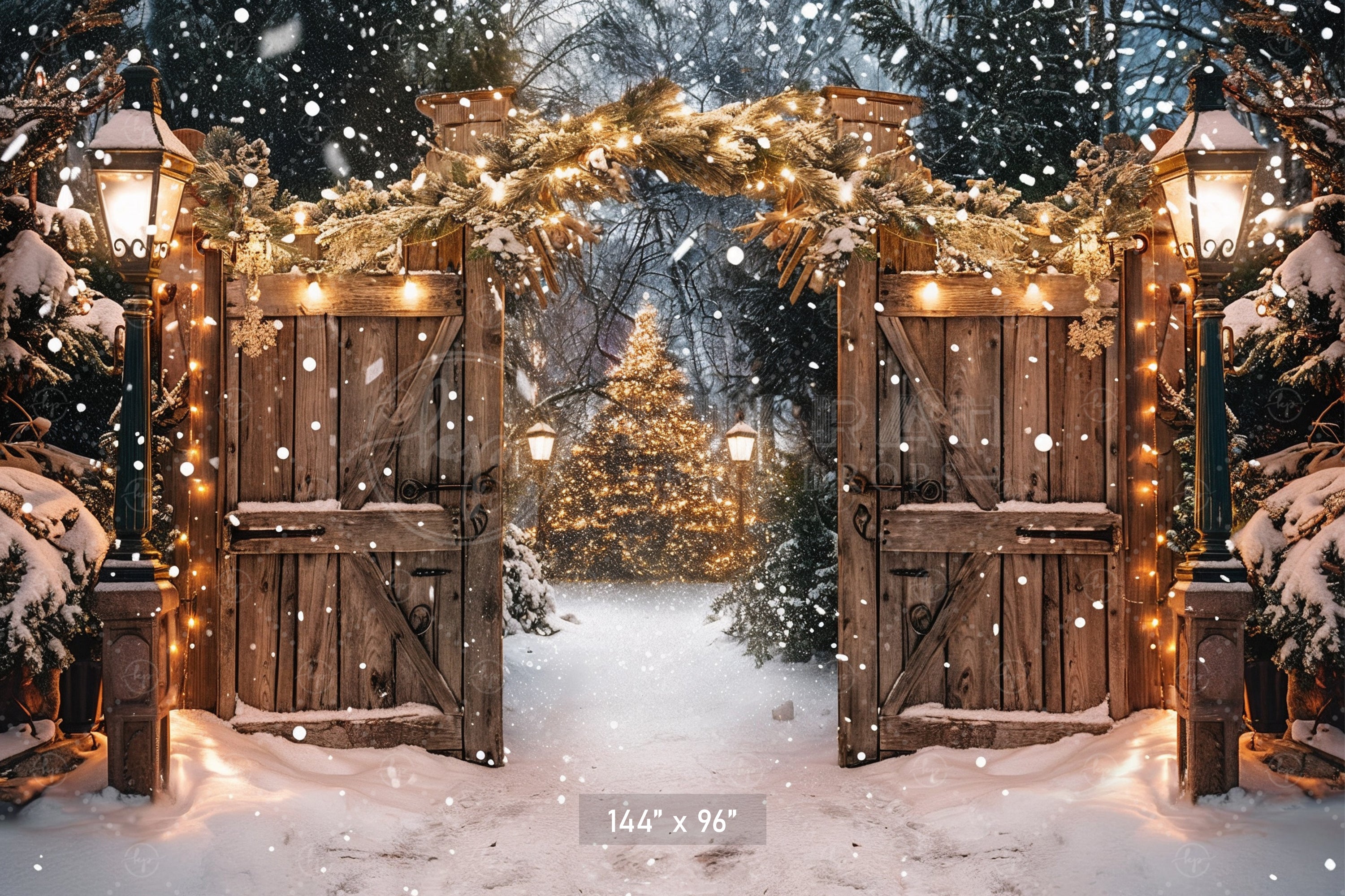 Twinkling Lights Enchanted Snowy Christmas Gate Backdrop