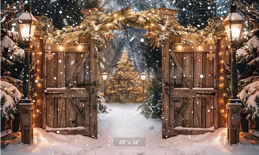 Twinkling Lights Enchanted Snowy Christmas Gate Backdrop