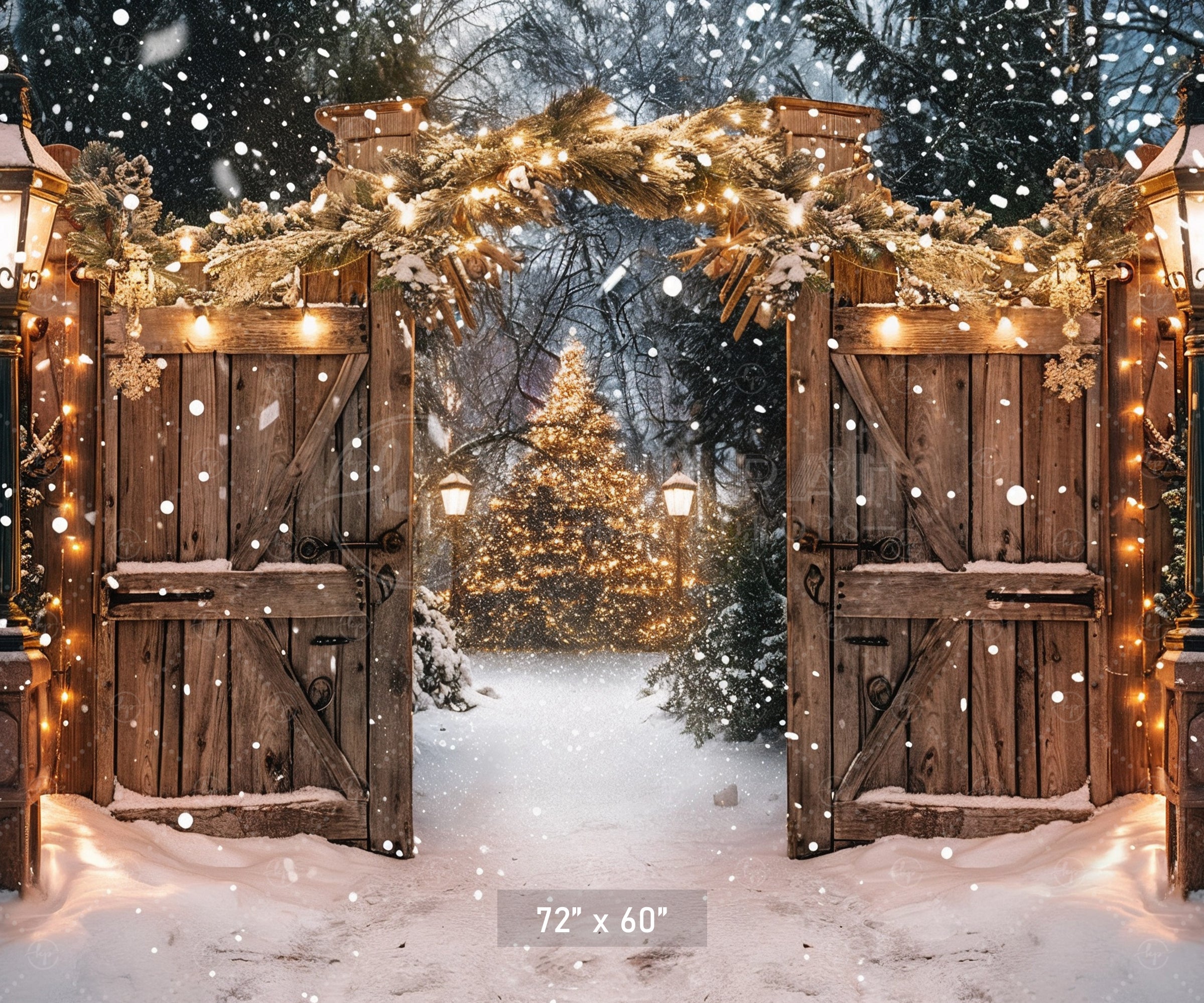 Twinkling Lights Enchanted Snowy Christmas Gate Backdrop