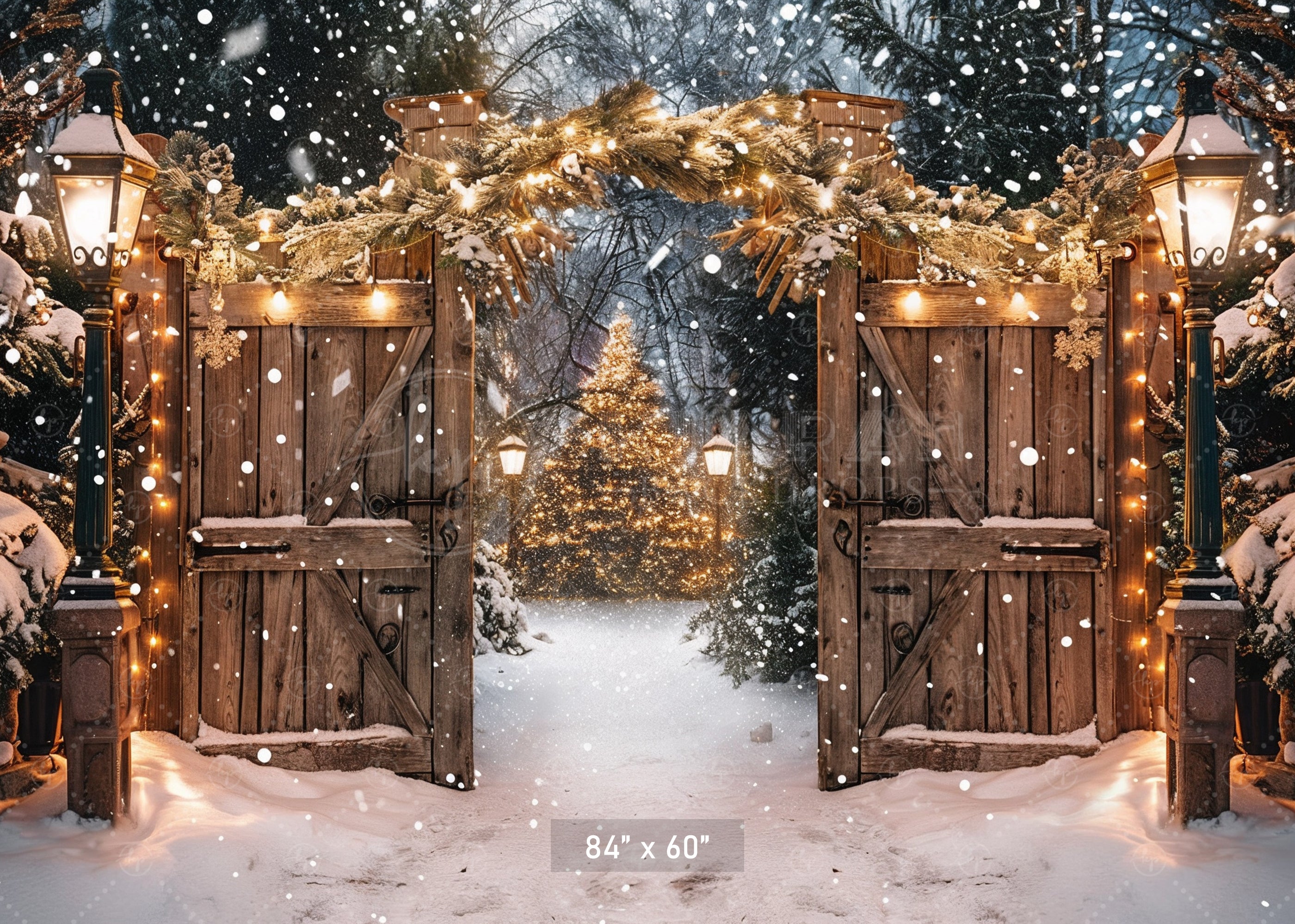 Twinkling Lights Enchanted Snowy Christmas Gate Backdrop