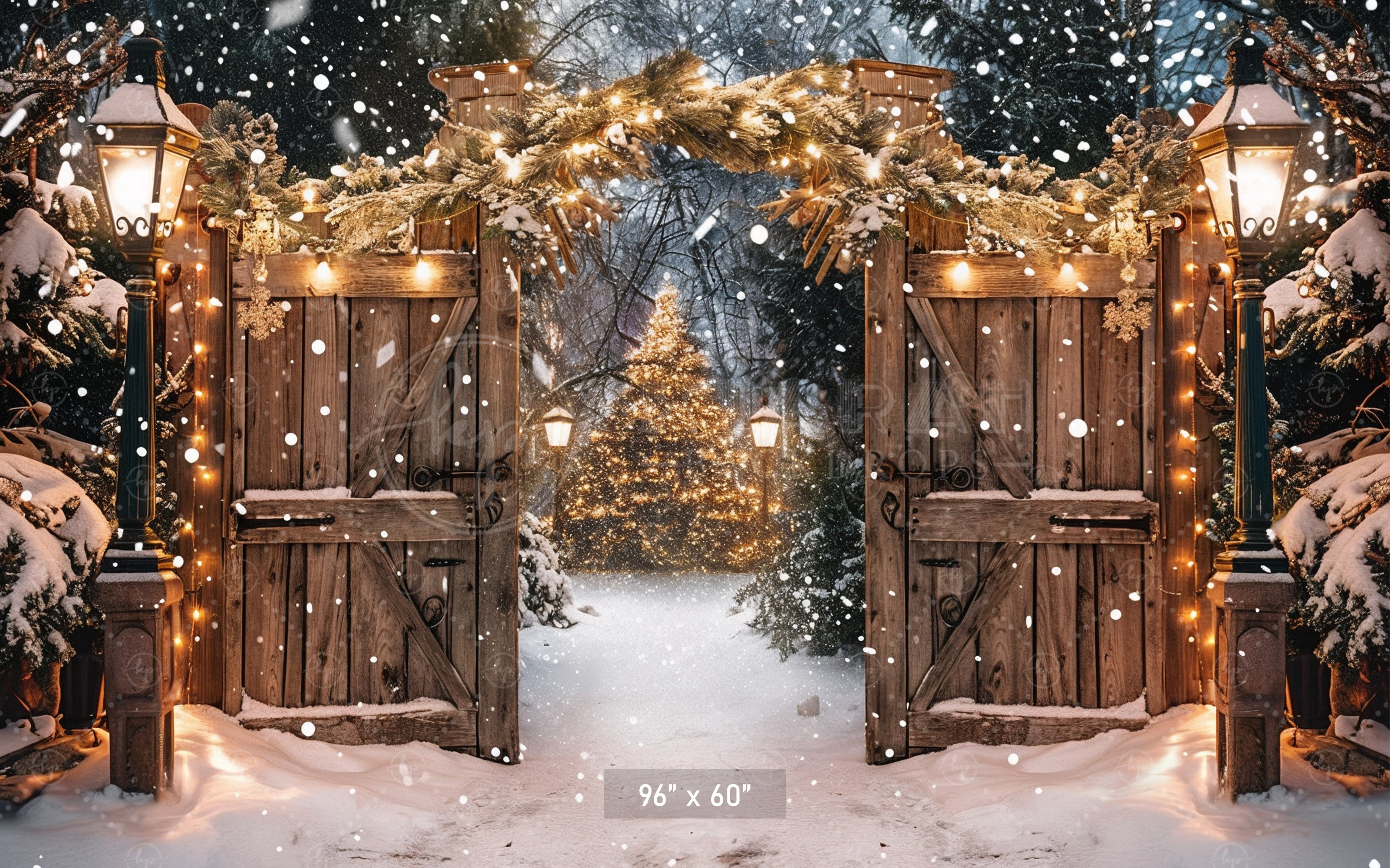 Twinkling Lights Enchanted Snowy Christmas Gate Backdrop
