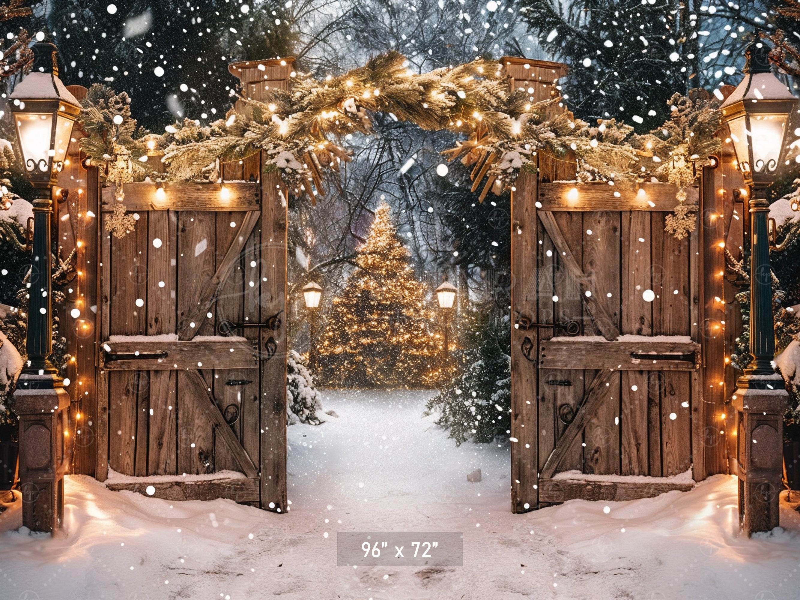 Twinkling Lights Enchanted Snowy Christmas Gate Backdrop