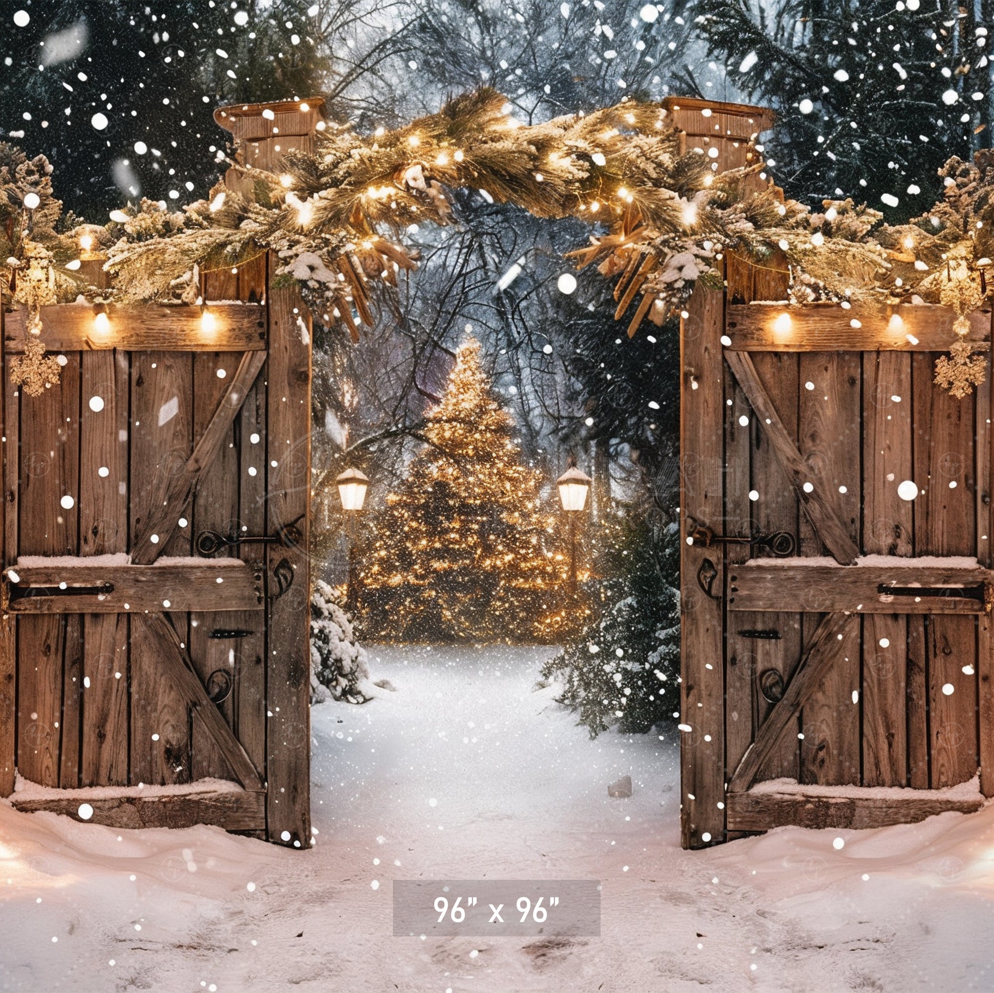 Twinkling Lights Enchanted Snowy Christmas Gate Backdrop