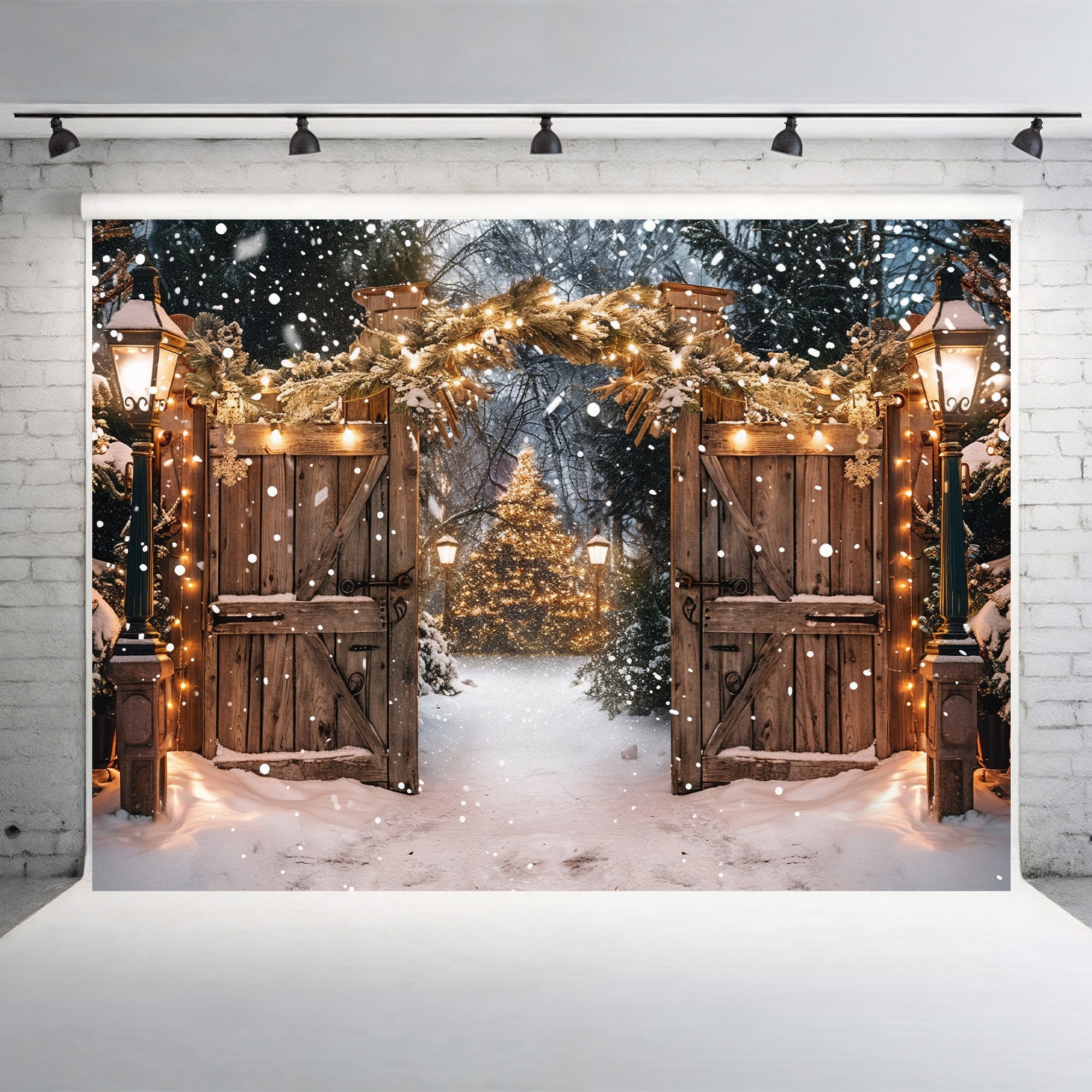 Twinkling Lights Enchanted Snowy Christmas Gate Backdrop