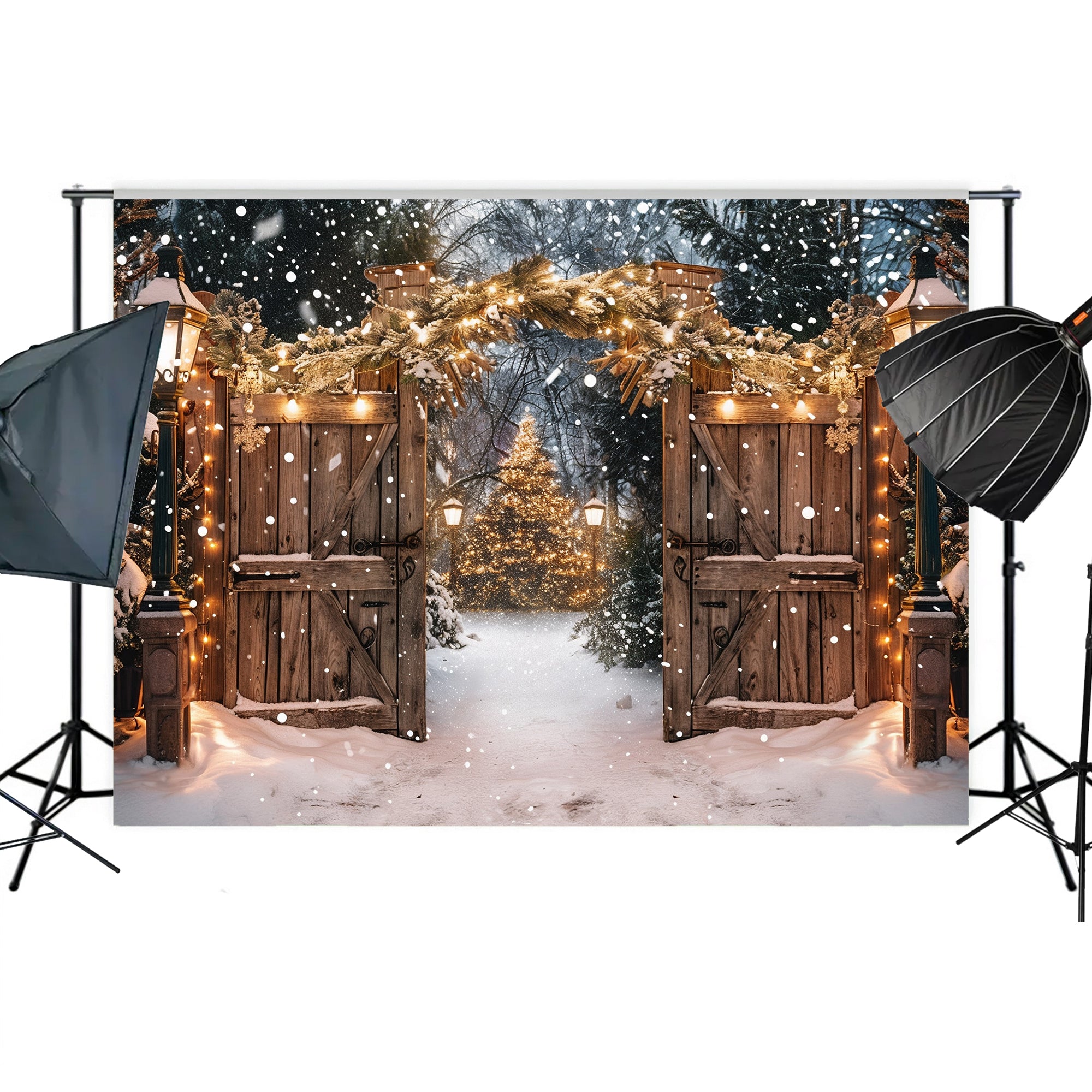 Twinkling Lights Enchanted Snowy Christmas Gate Backdrop