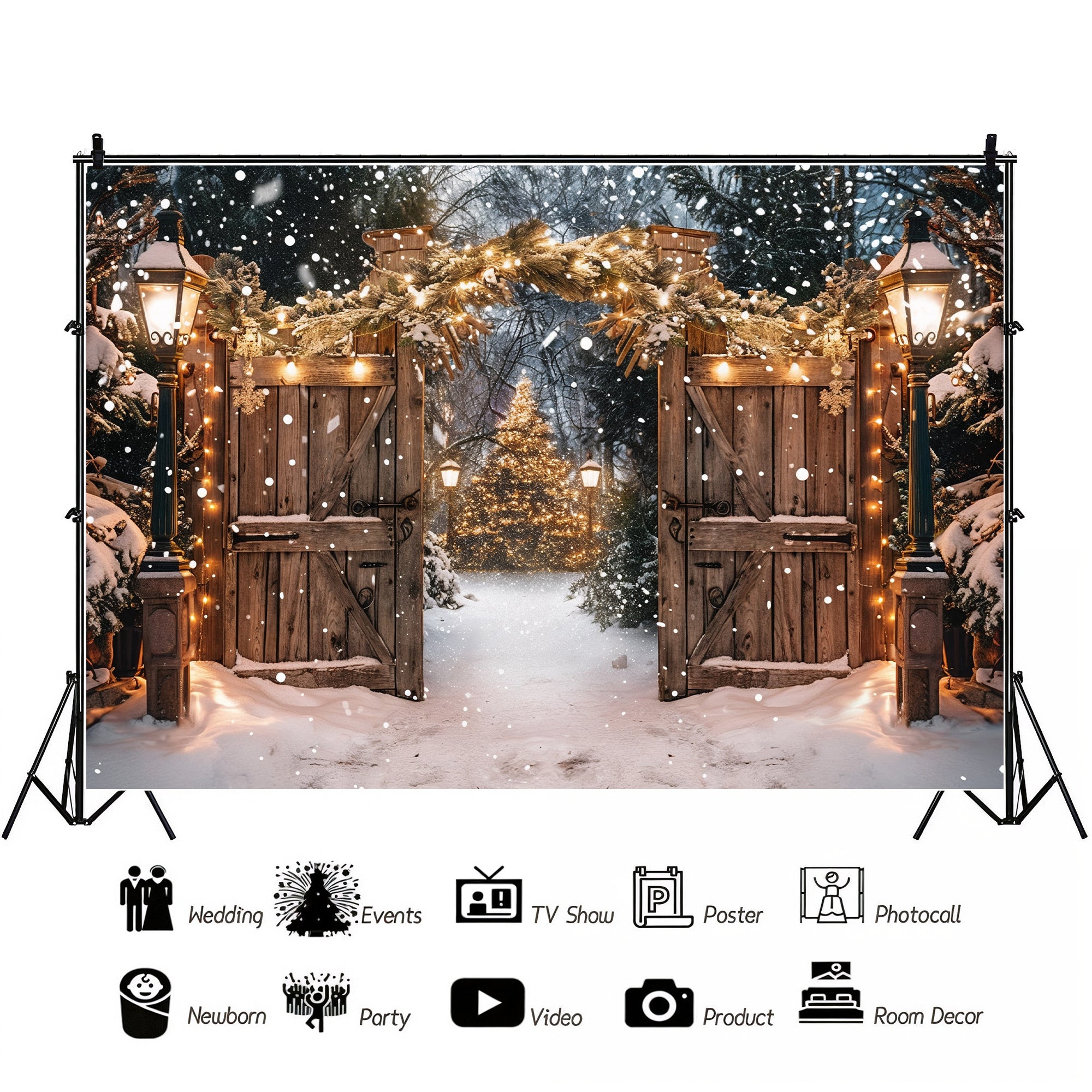 Twinkling Lights Enchanted Snowy Christmas Gate Backdrop