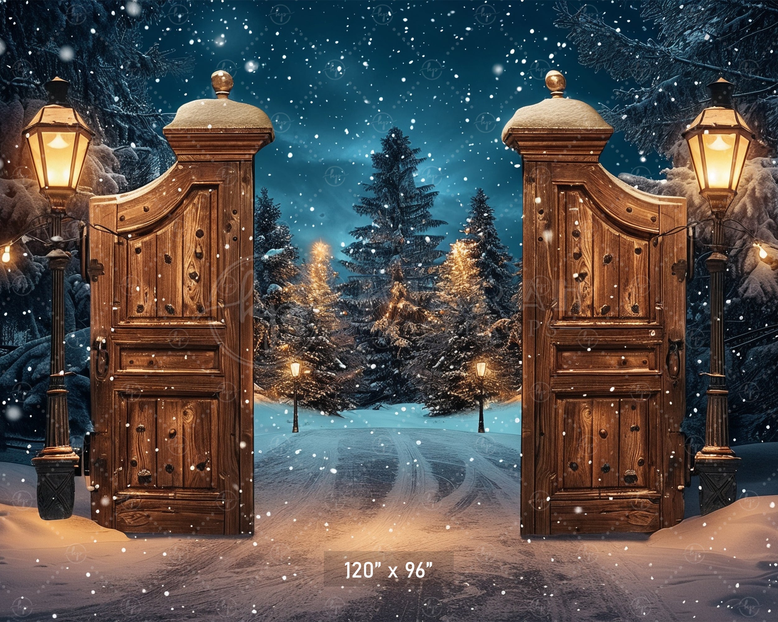 Magical Winter Gate with Snowy Forest Path Backdrop