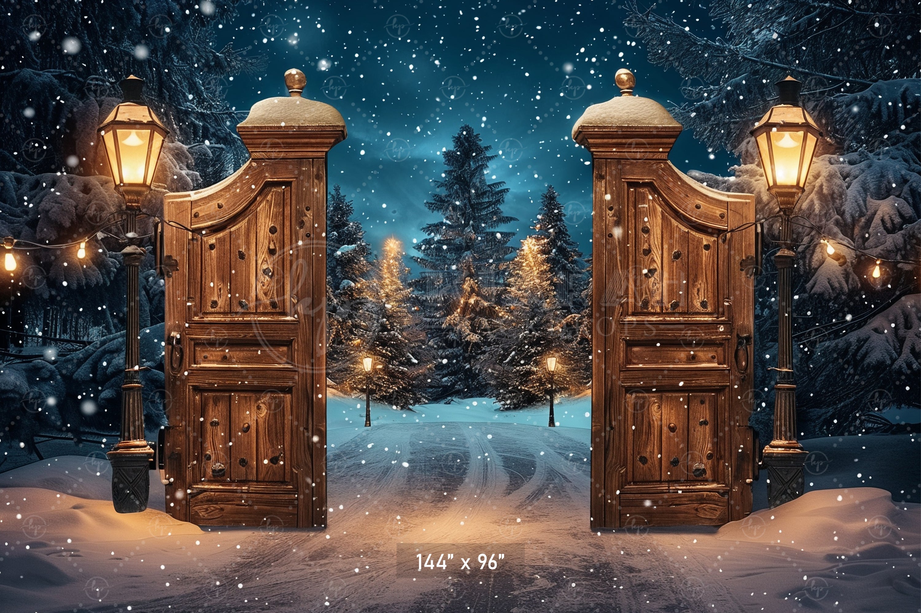 Magical Winter Gate with Snowy Forest Path Backdrop
