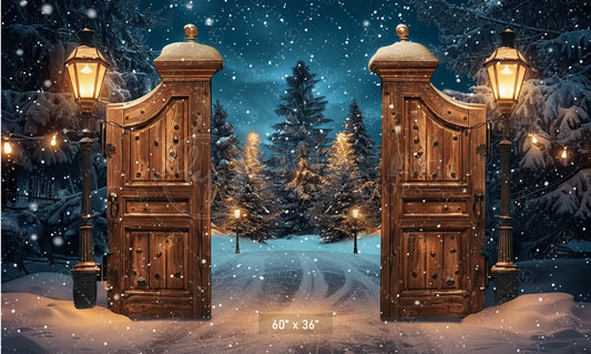 Magical Winter Gate with Snowy Forest Path Backdrop