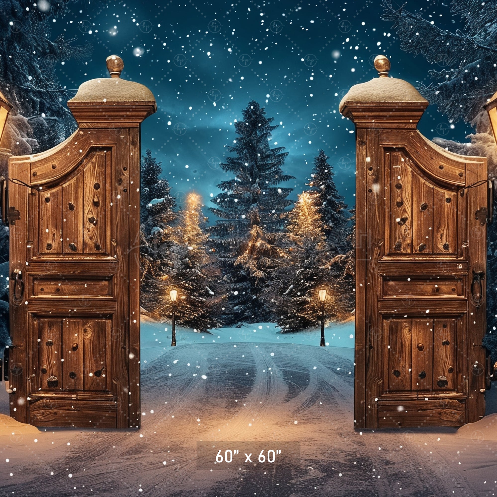 Magical Winter Gate with Snowy Forest Path Backdrop