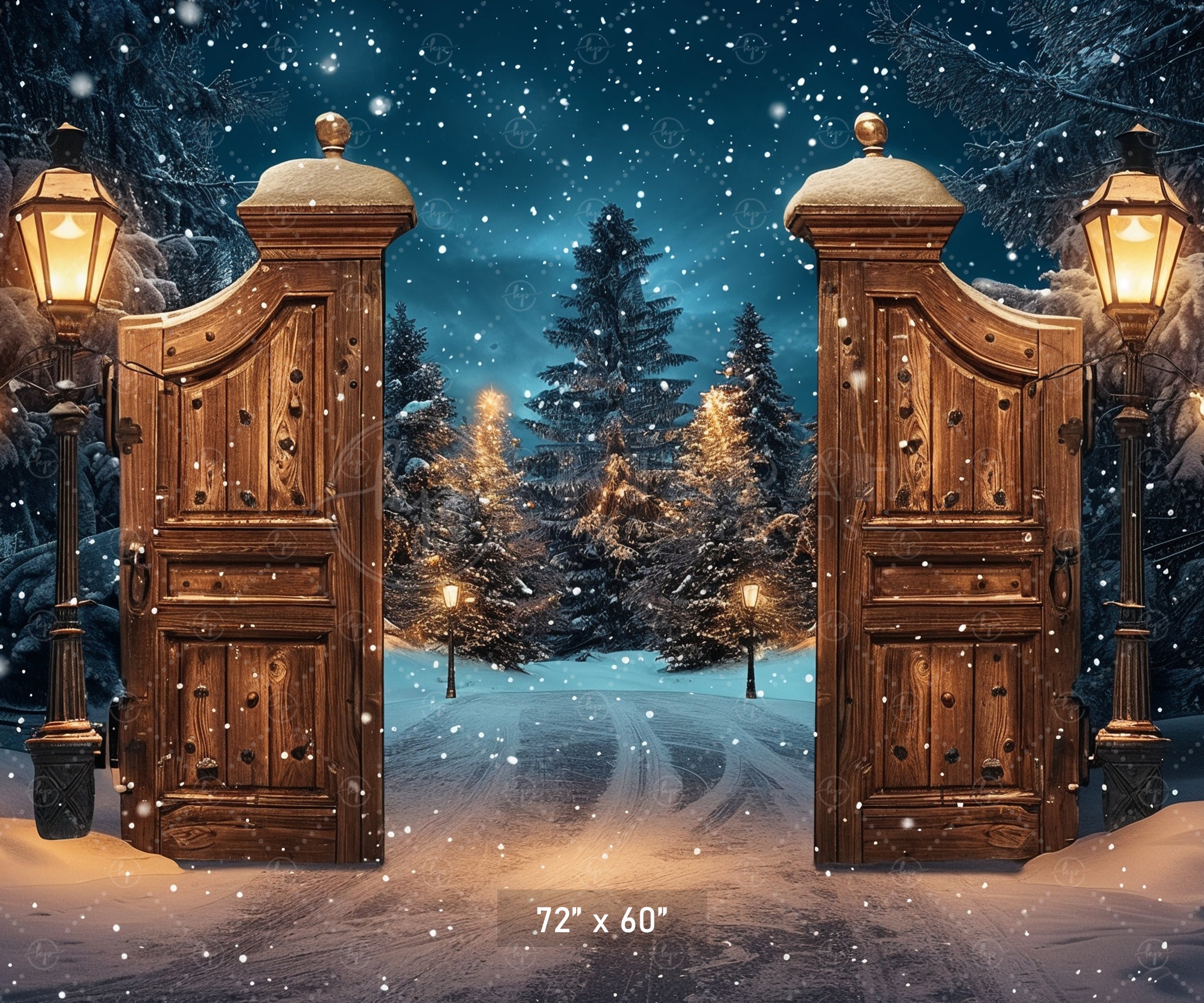 Magical Winter Gate with Snowy Forest Path Backdrop