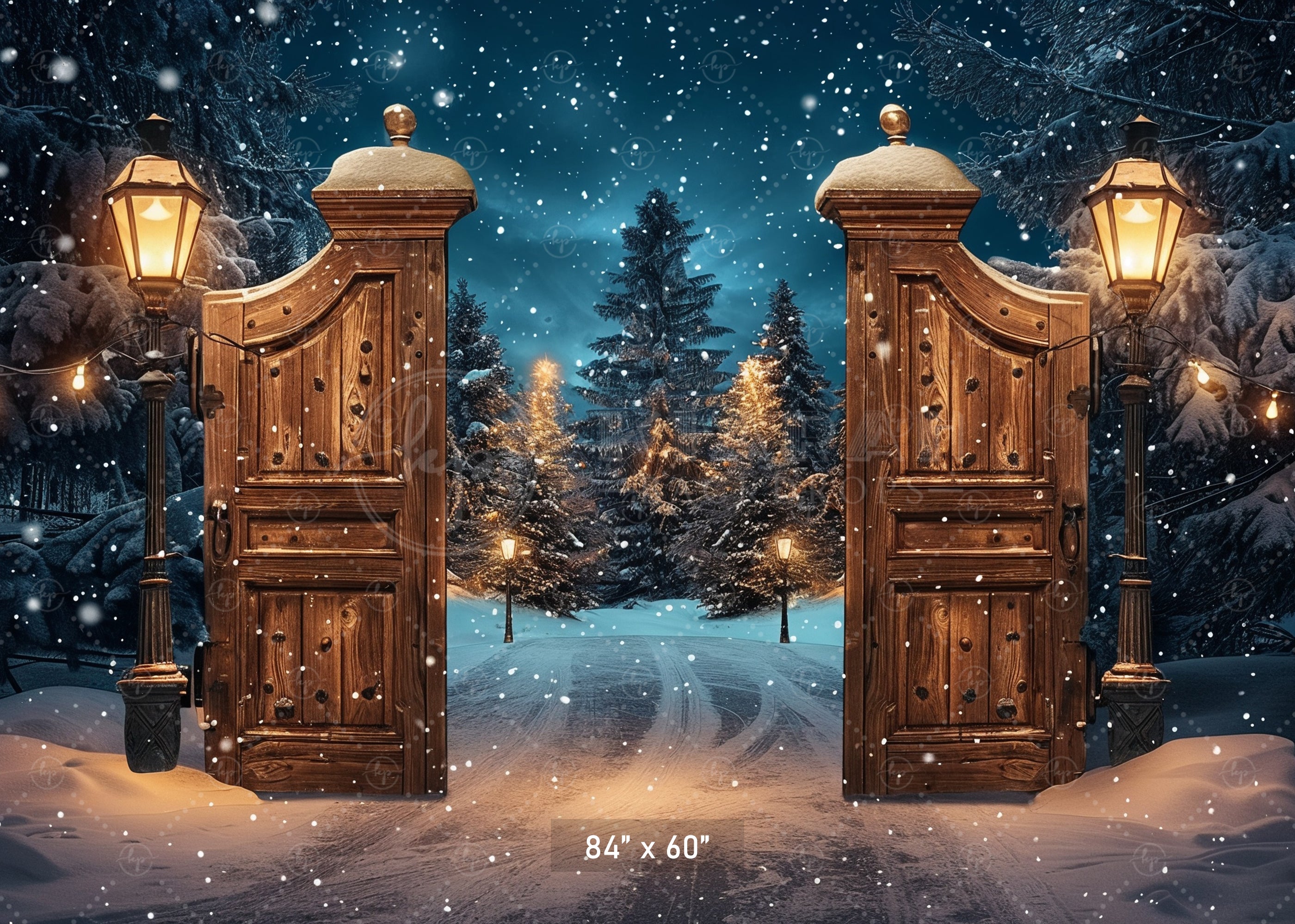 Magical Winter Gate with Snowy Forest Path Backdrop