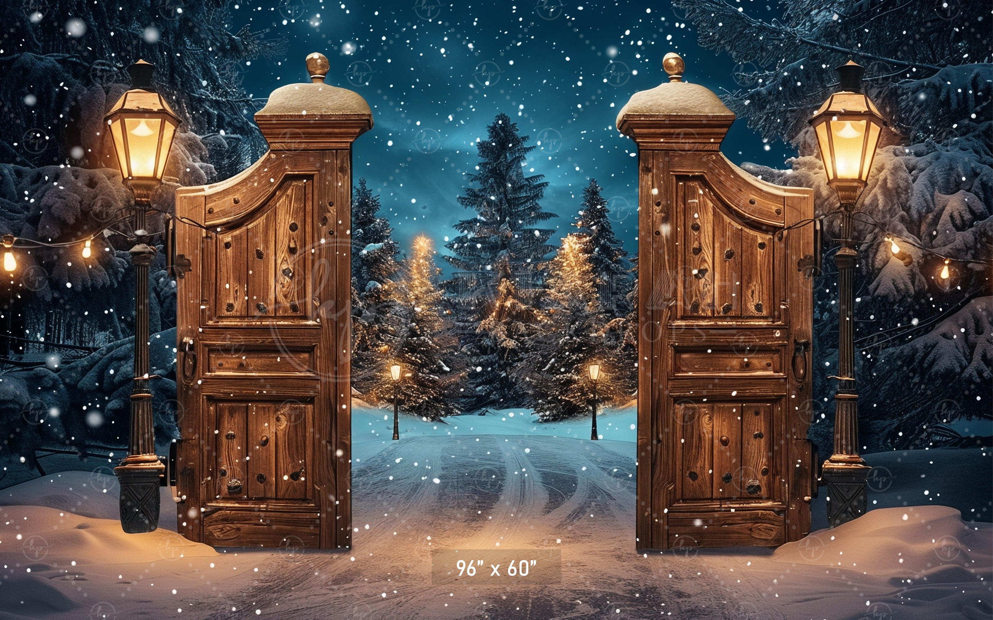 Magical Winter Gate with Snowy Forest Path Backdrop