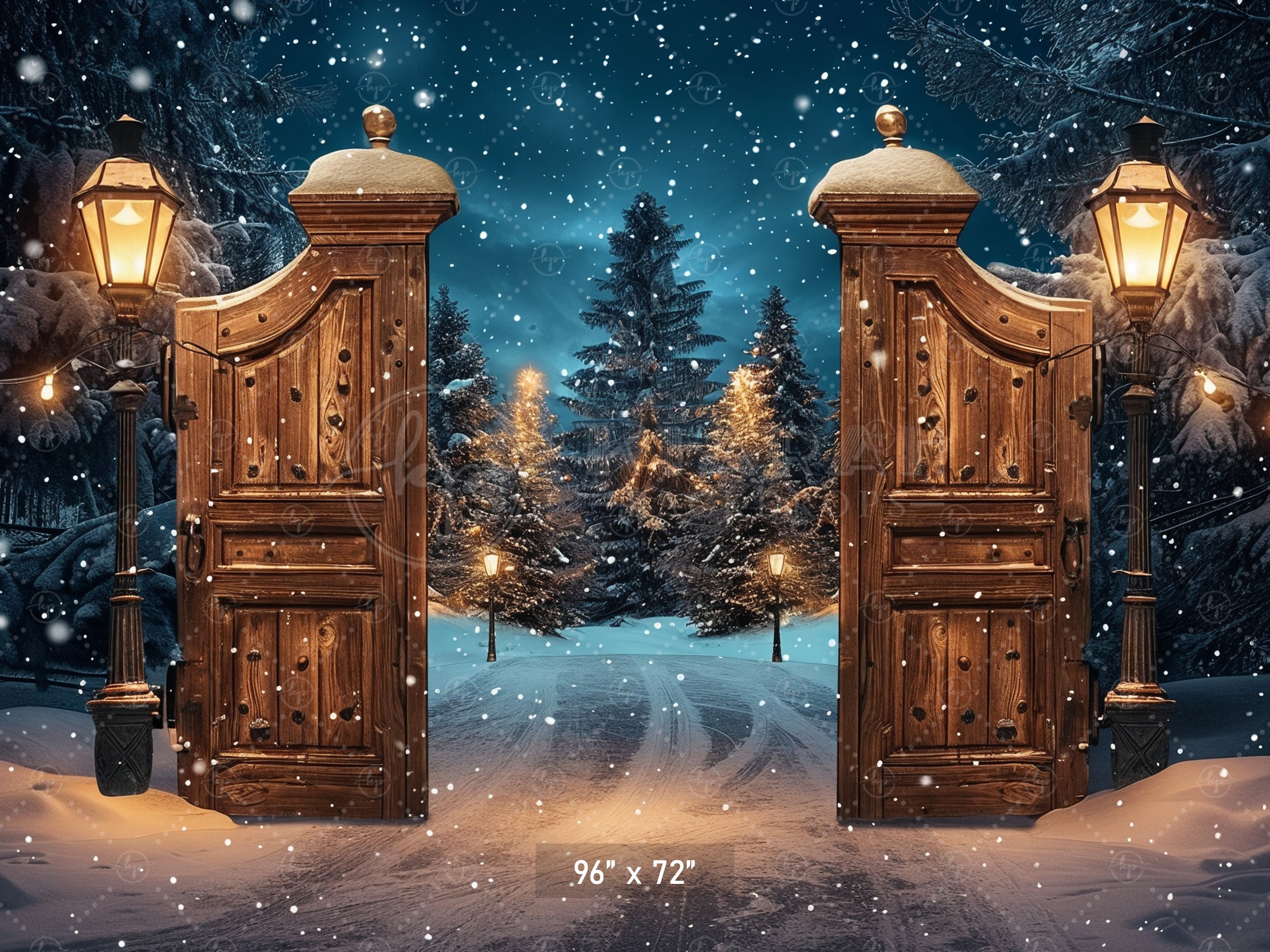 Magical Winter Gate with Snowy Forest Path Backdrop