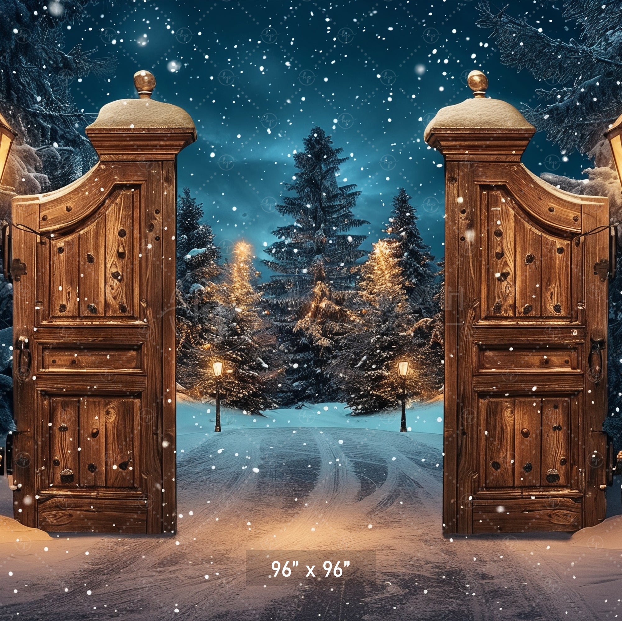Magical Winter Gate with Snowy Forest Path Backdrop