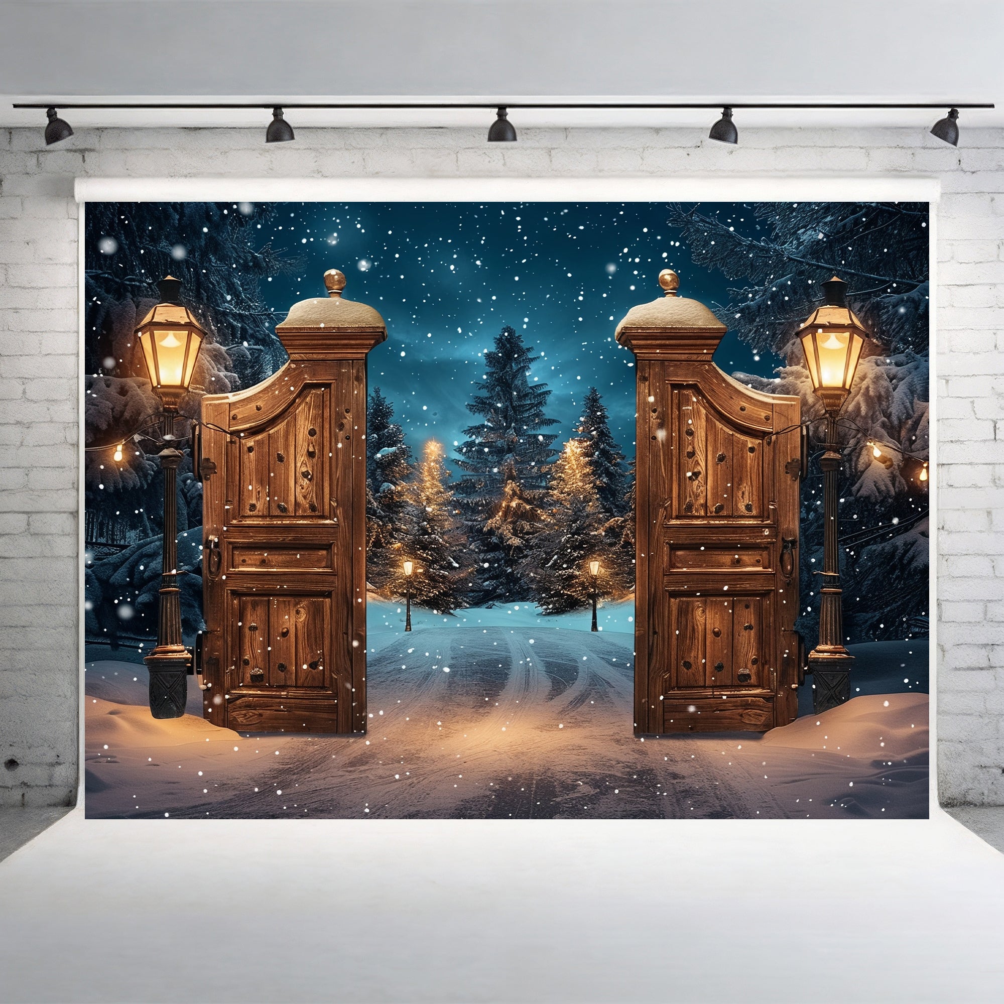 Magical Winter Gate with Snowy Forest Path Backdrop