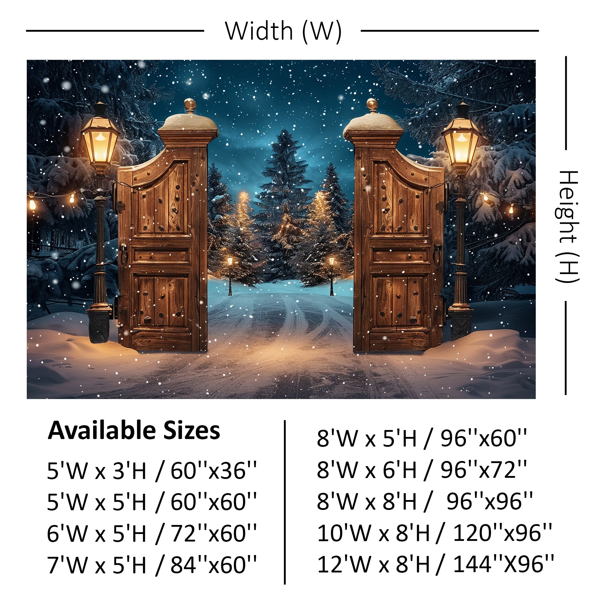 Magical Winter Gate with Snowy Forest Path Backdrop