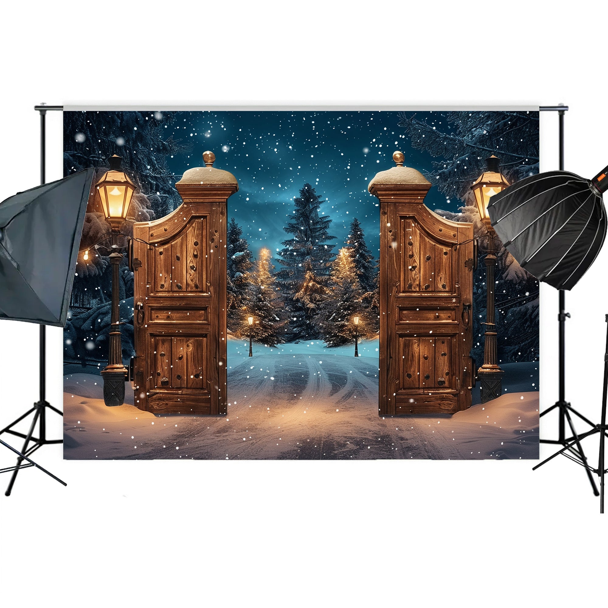 Magical Winter Gate with Snowy Forest Path Backdrop
