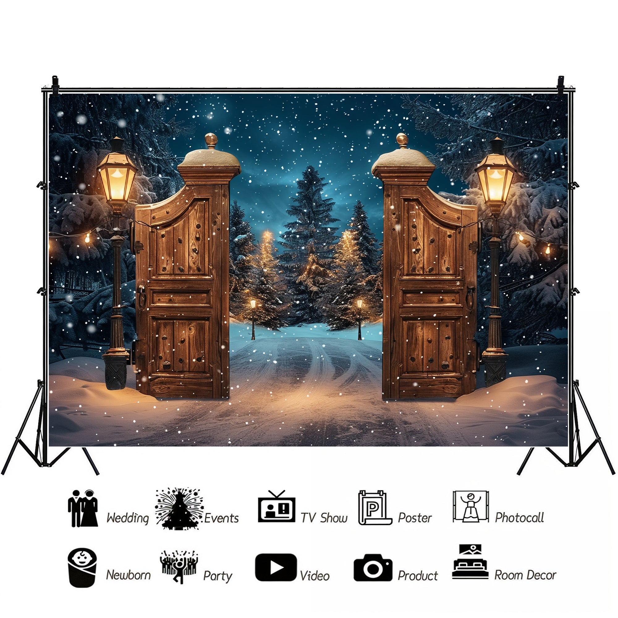 Magical Winter Gate with Snowy Forest Path Backdrop