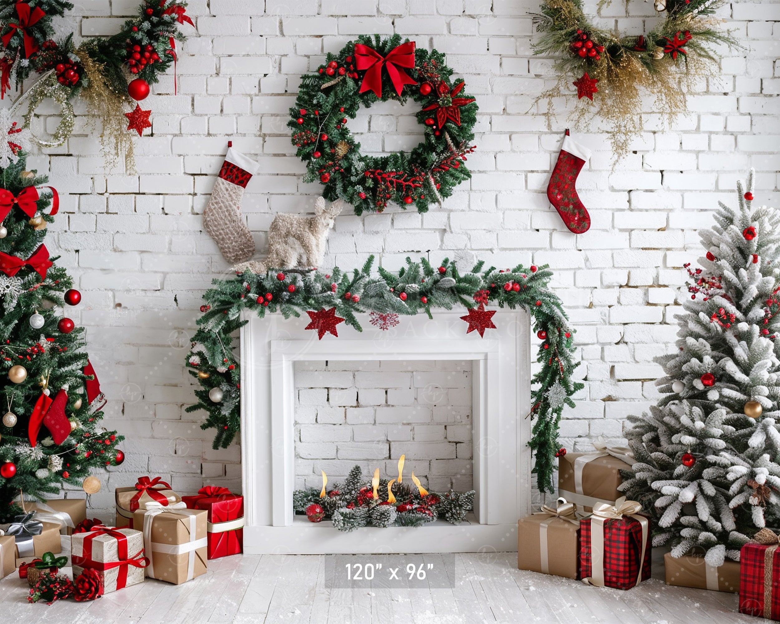 Festive Christmas Fireplace Backdrop