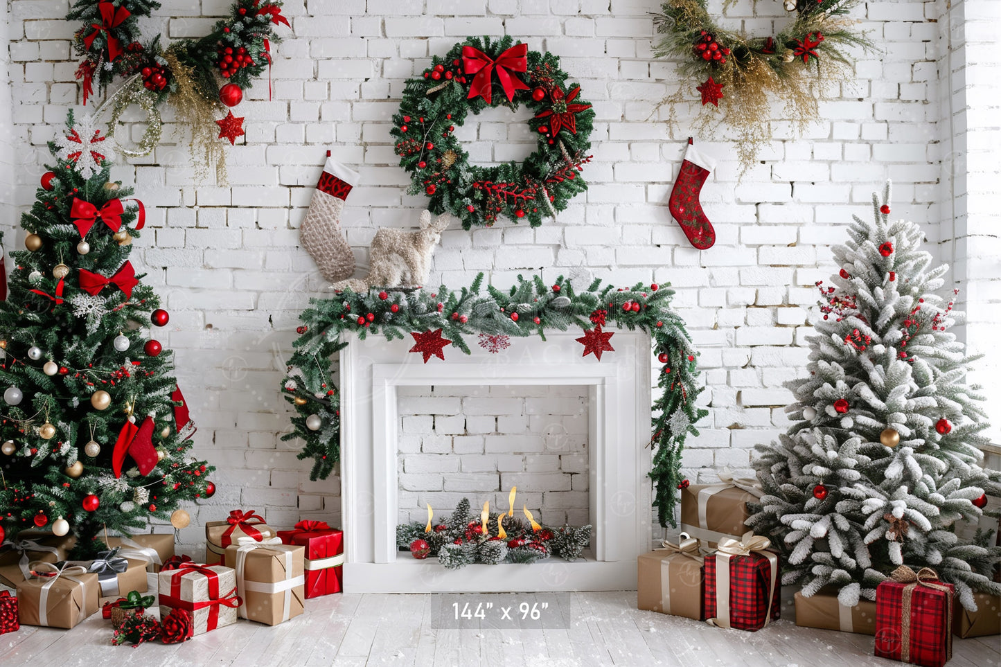 Festive Christmas Fireplace Backdrop