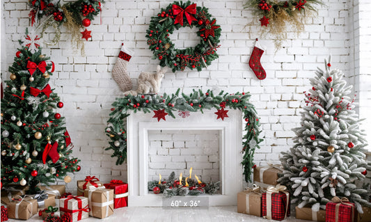 Festive Christmas Fireplace Backdrop